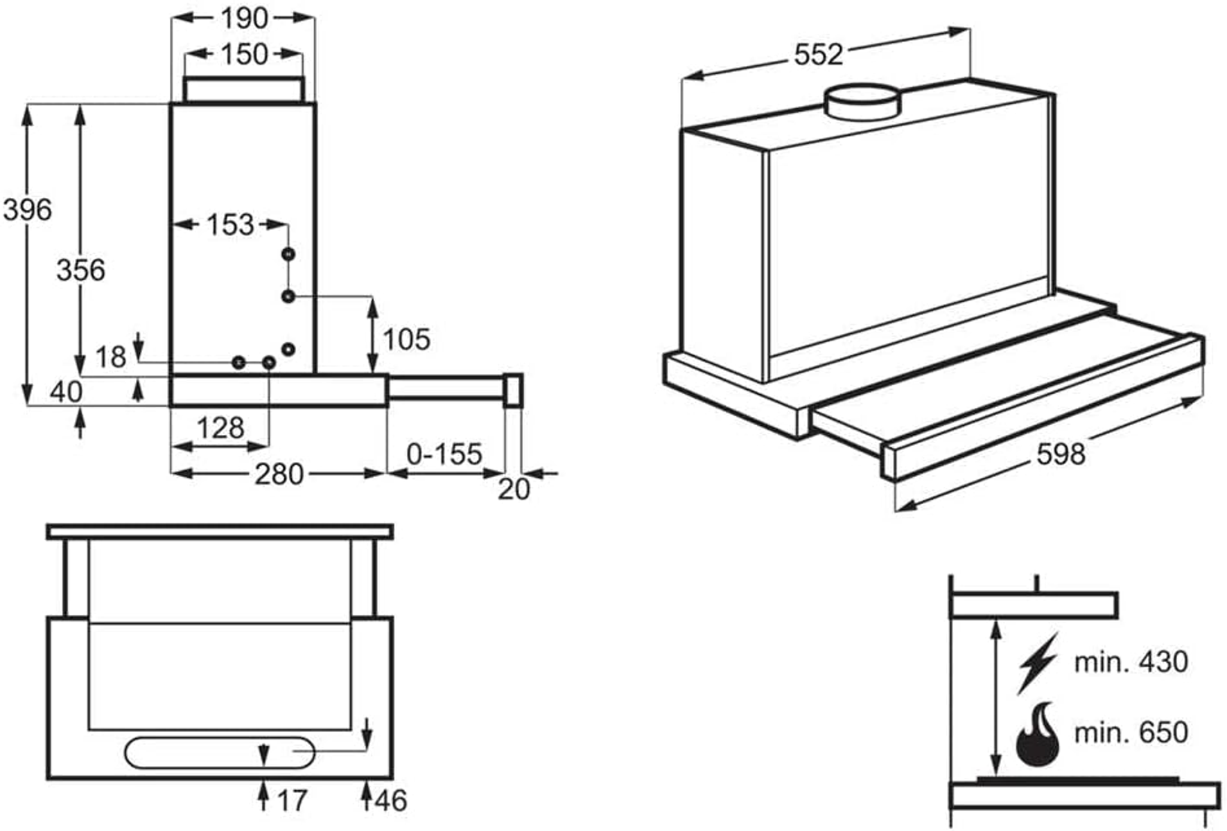 Diagrammi tecnici di una cappa da cucina con dimensioni e misure, in bianco e nero.