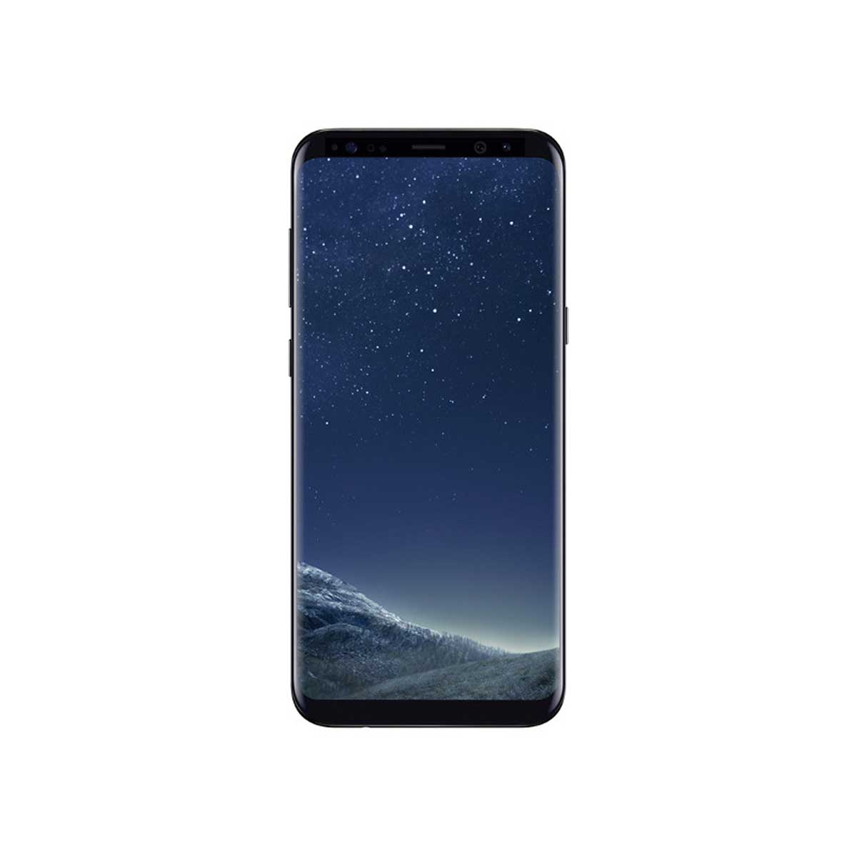 Smartphone mit Sternenhimmel, schwarzer Rahmen, vor weißem Hintergrund.