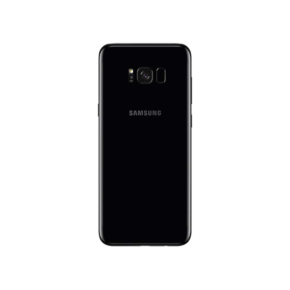 Ein schwarzes Smartphone auf weißem Hintergrund. Die Rückseite des Telefons ist sichtbar, mit dem Samsung-Logo.