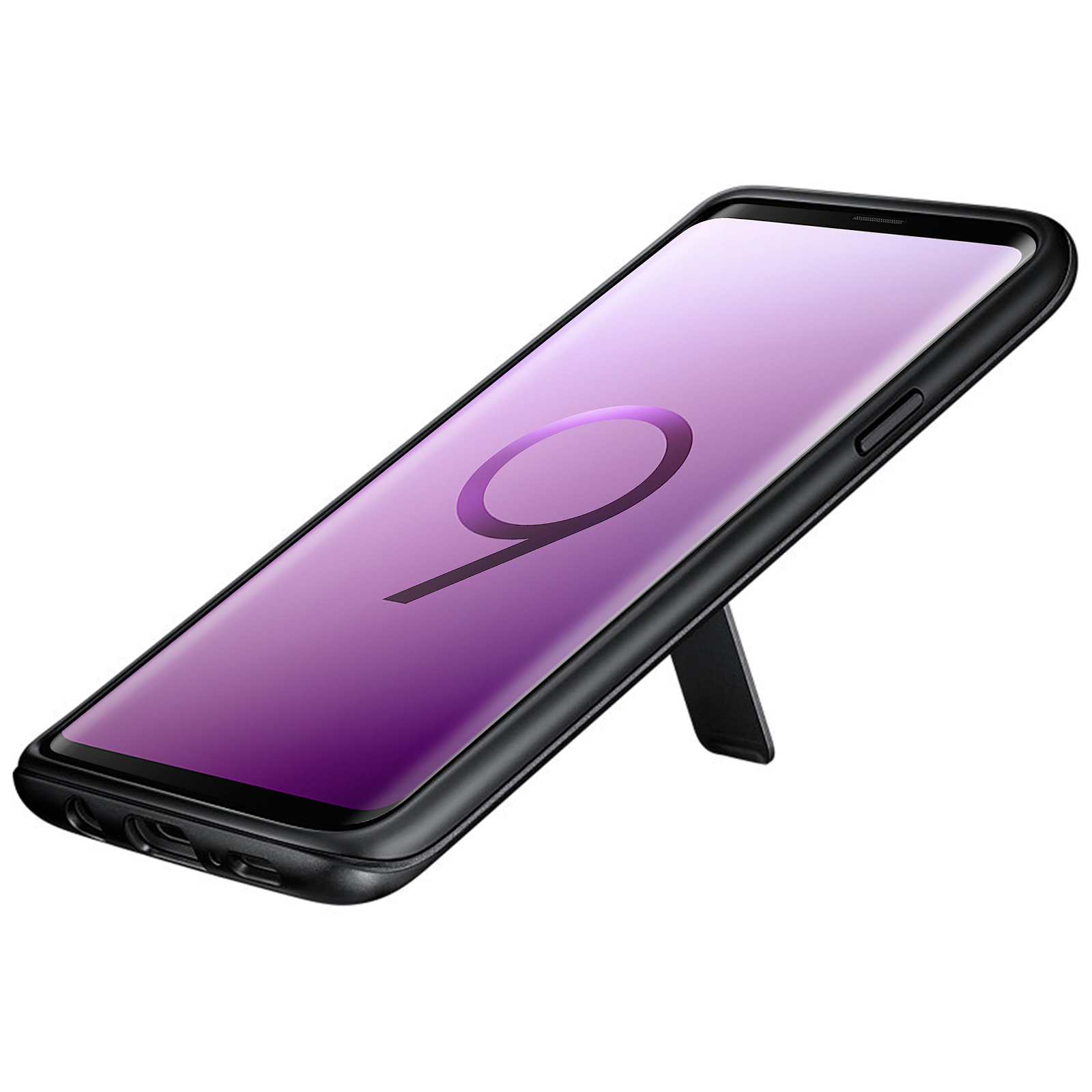 Teléfono negro sobre un soporte. El teléfono tiene una pantalla púrpura. La funda tiene un soporte.