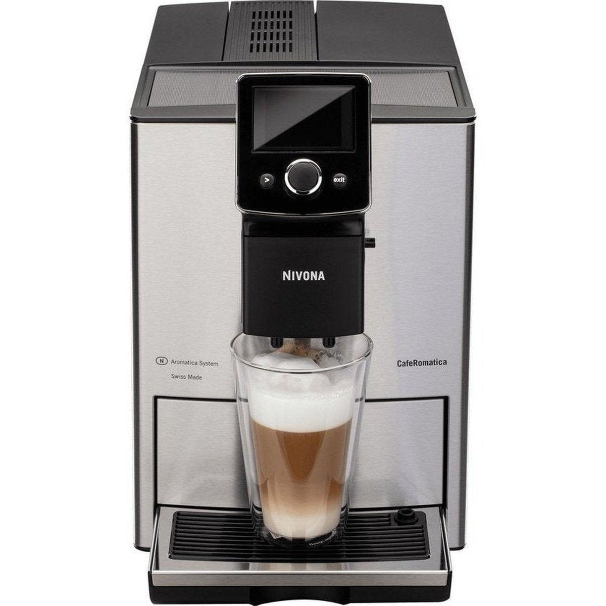 Macchina da caffè automatica Nivona argentata con bicchiere di caffè schiumoso.