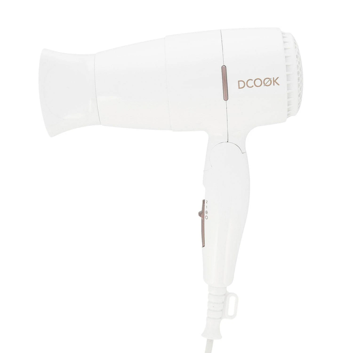 Asciugacapelli bianco su sfondo bianco, con un design minimalista e il logo DCOOK.