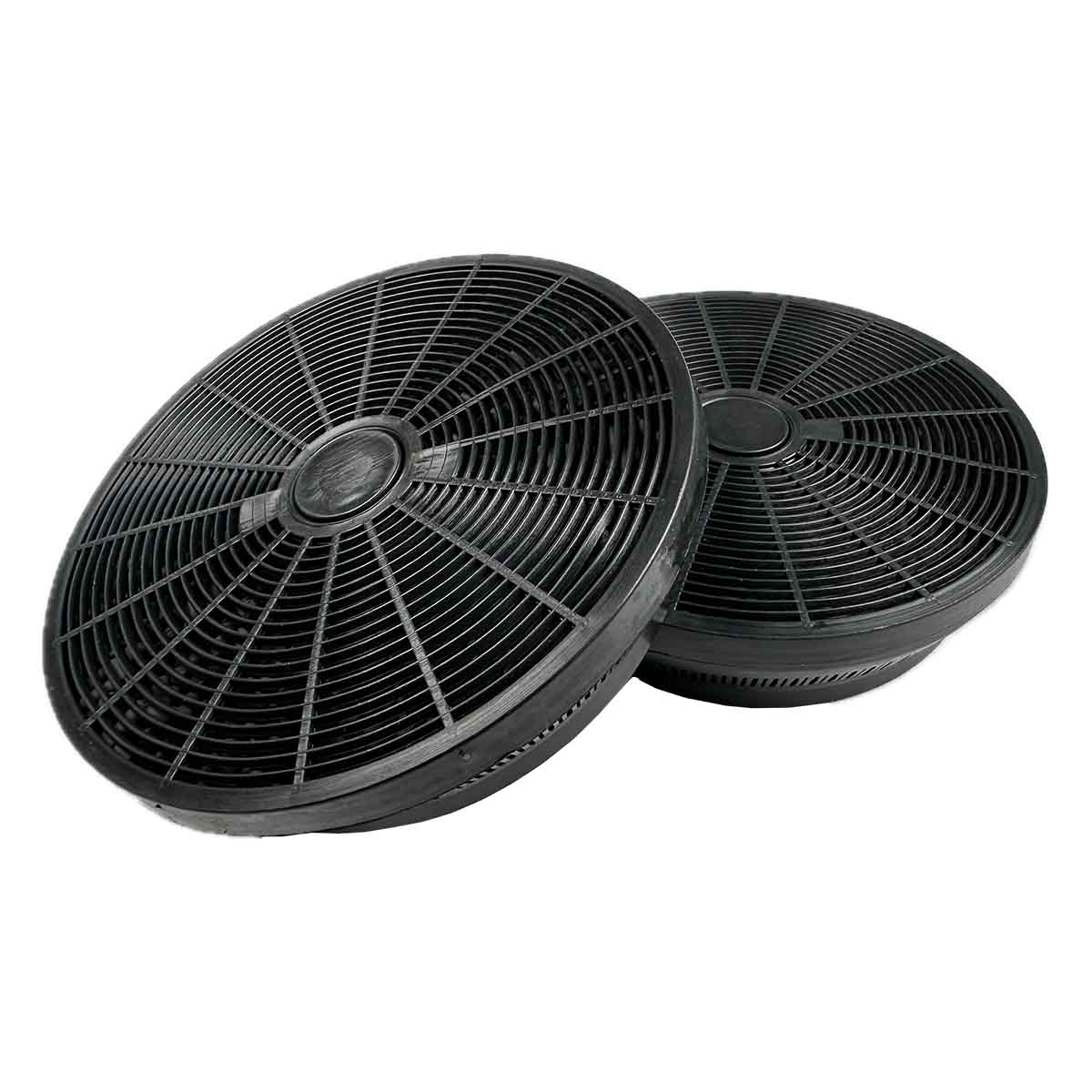 Zwei schwarze Aktivkohlefilter mit kreisförmigem Design.