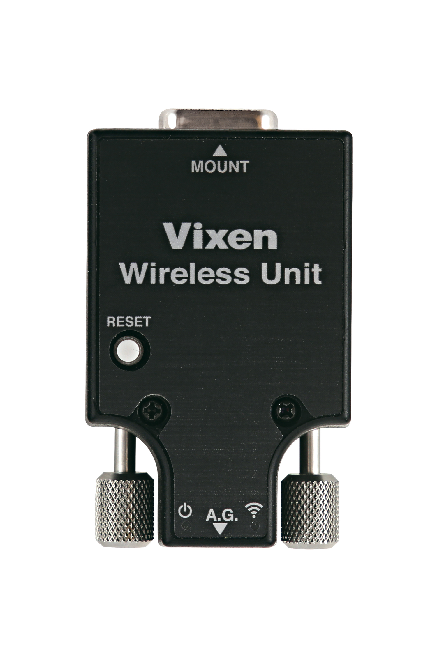 Unidad inalámbrica Vixen negra con texto, botones y dos perillas plateadas.