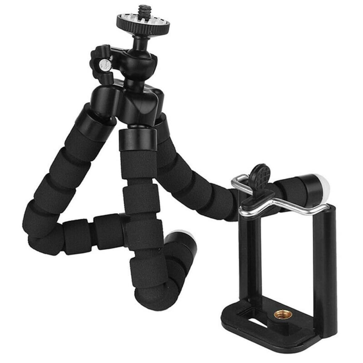 Flexibles schwarzes Stativ mit Handyhalter, ideal für Fotografie.