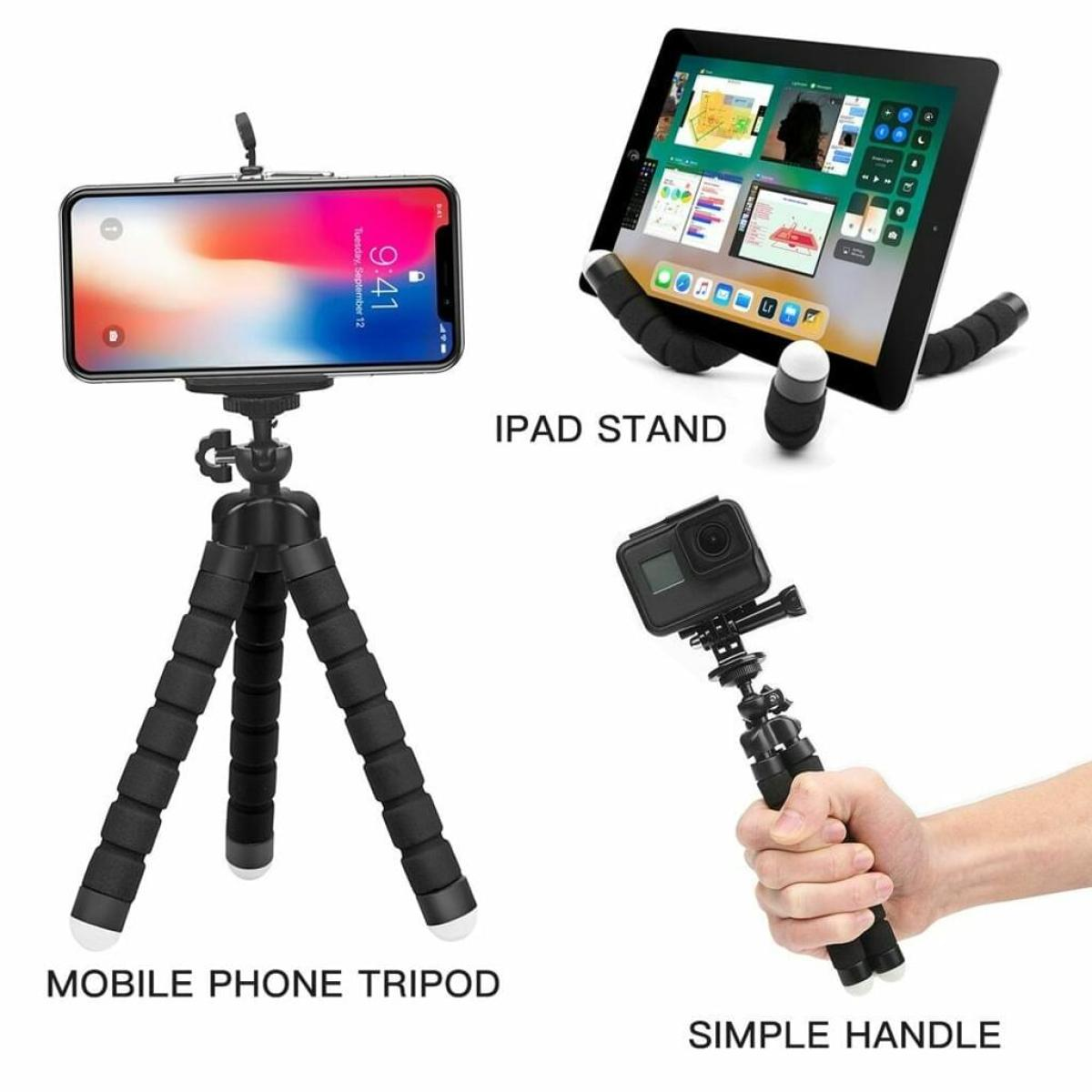 Verschiedenes Zubehör für Telefon und Tablet: Stativ, iPad-Ständer und einfacher Griff. Weißer Hintergrund.