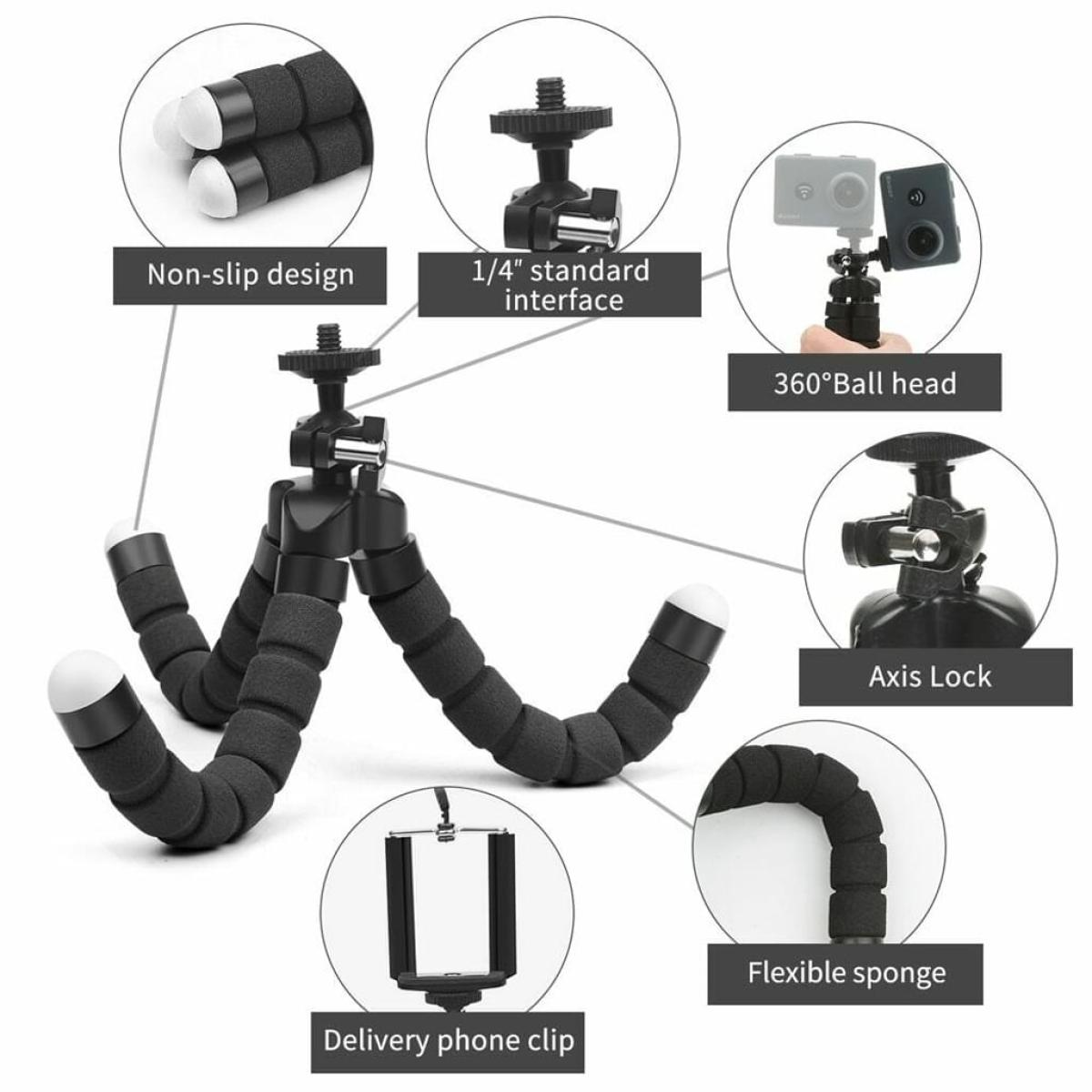 Ein flexibles Stativ mit Telefonclip und 1/4" Standardschnittstelle, mit Anmerkungen.