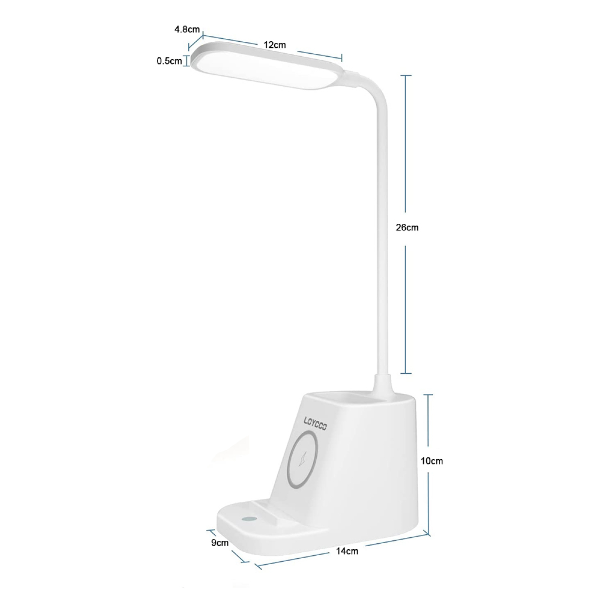 Weiße Schreibtischlampe mit Ladestation, Abmessungen angezeigt.