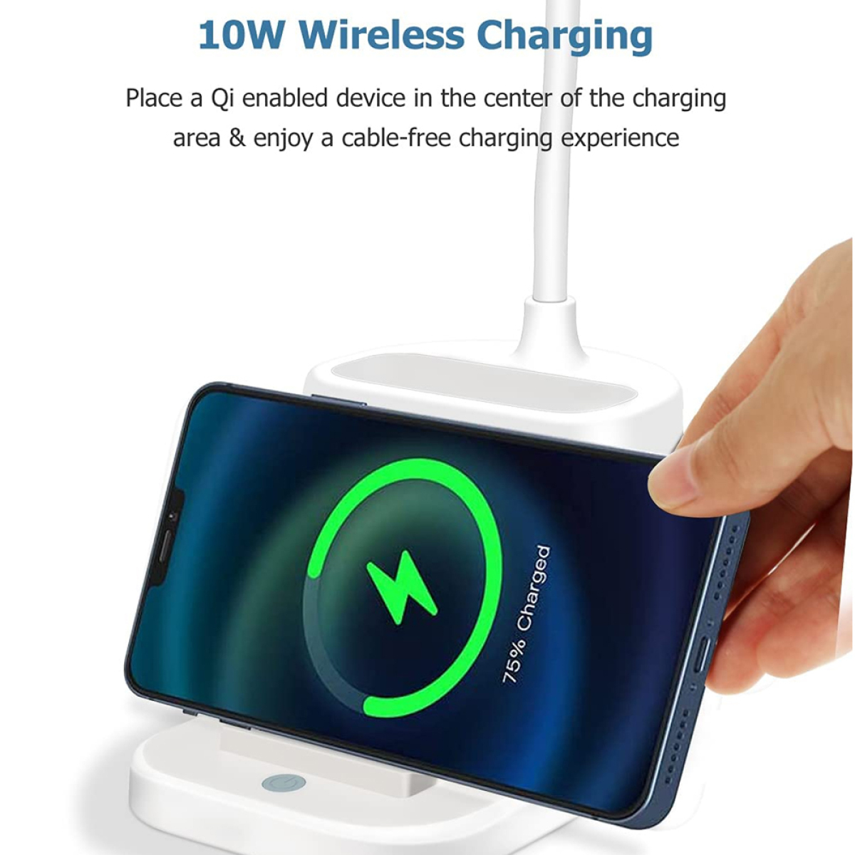 Ein Telefon, das drahtlos geladen wird. Der Bildschirm zeigt ein Ladesymbol und Prozentsatz. Unterhalb steht eine Ladestation.