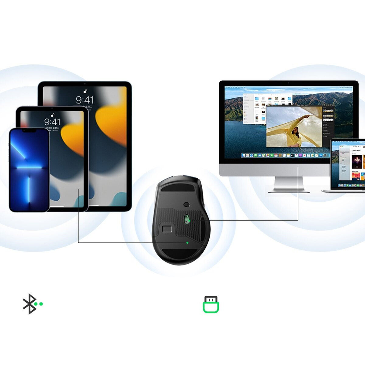 Schwarze Maus verbindet sich mit mehreren Geräten: Telefon, Tablet, Laptop und Monitor. Drahtlos.