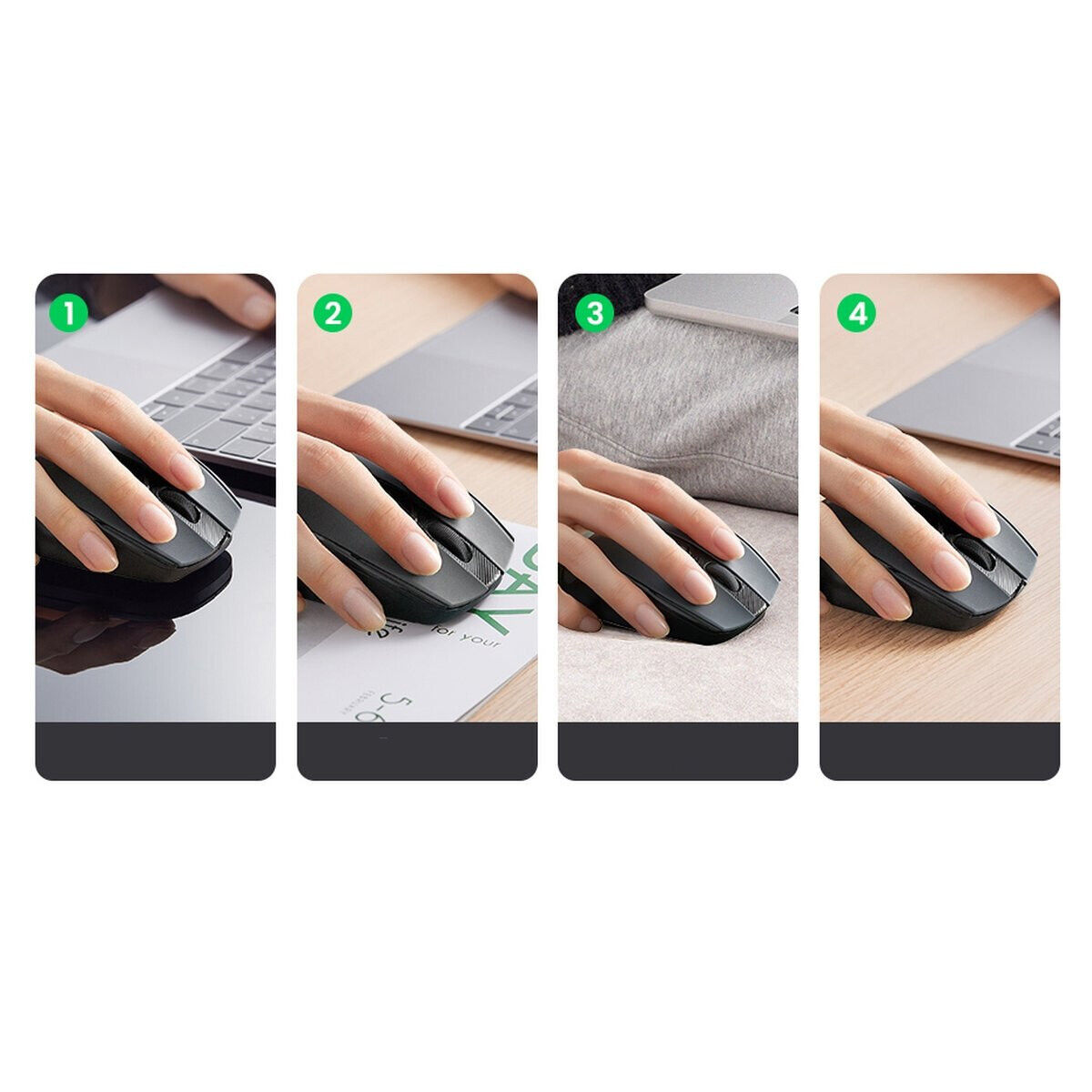 Vier sequentielle Bilder, die eine Hand zeigen, die eine schwarze Maus auf verschiedenen Oberflächen von oben benutzt.