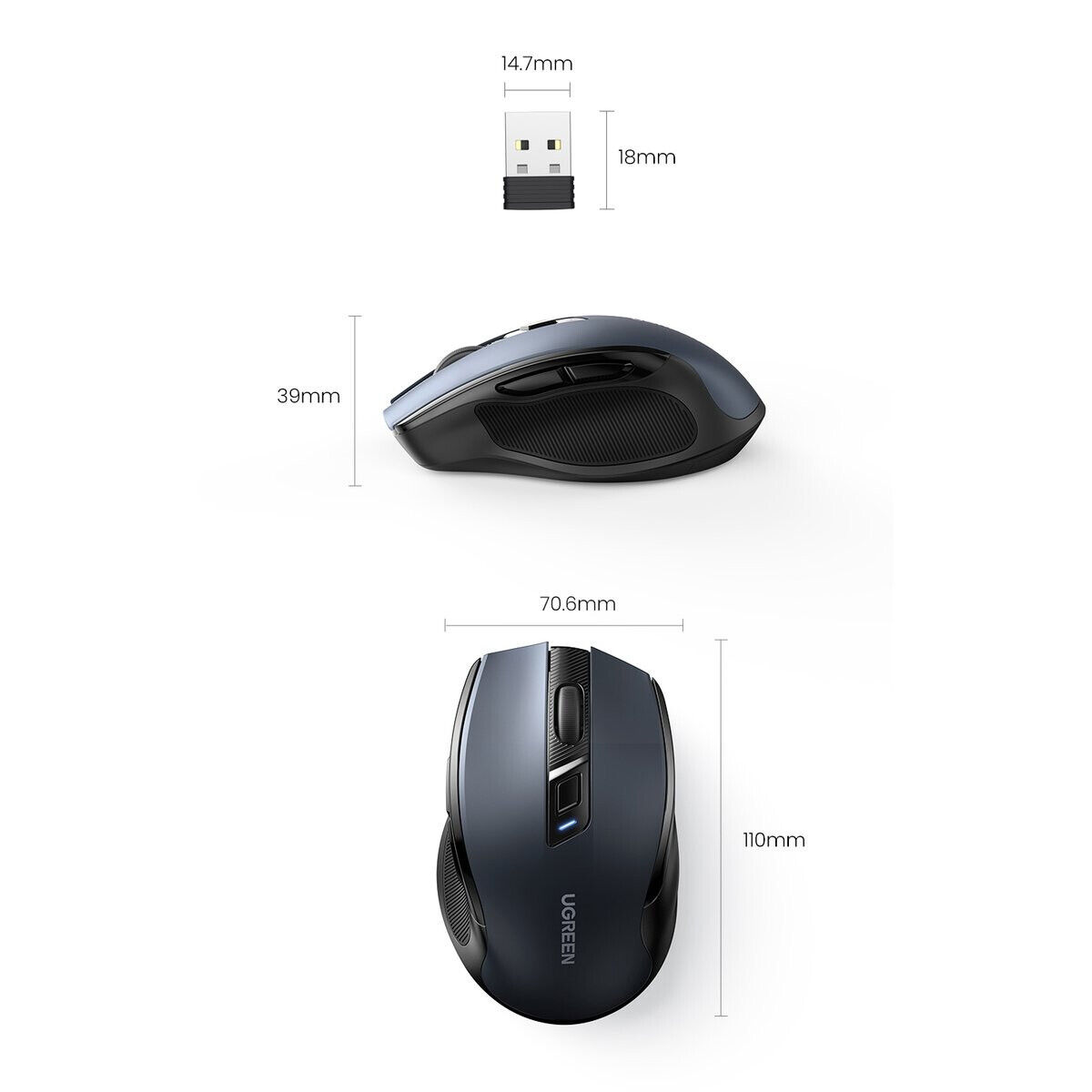 Eine dunkelgraue kabellose Maus mit USB-Empfänger, mit Abmessungen in Millimetern.