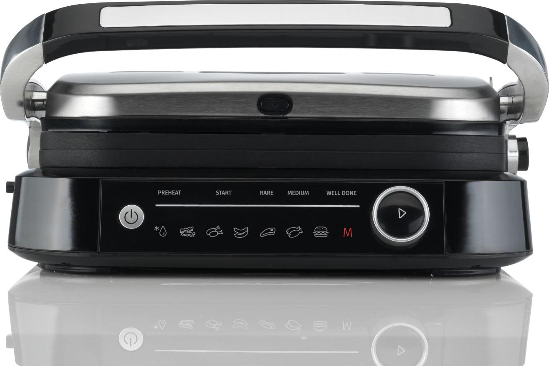 Czarny i srebrny grill z czarnym panelem sterowania i przyciskami.