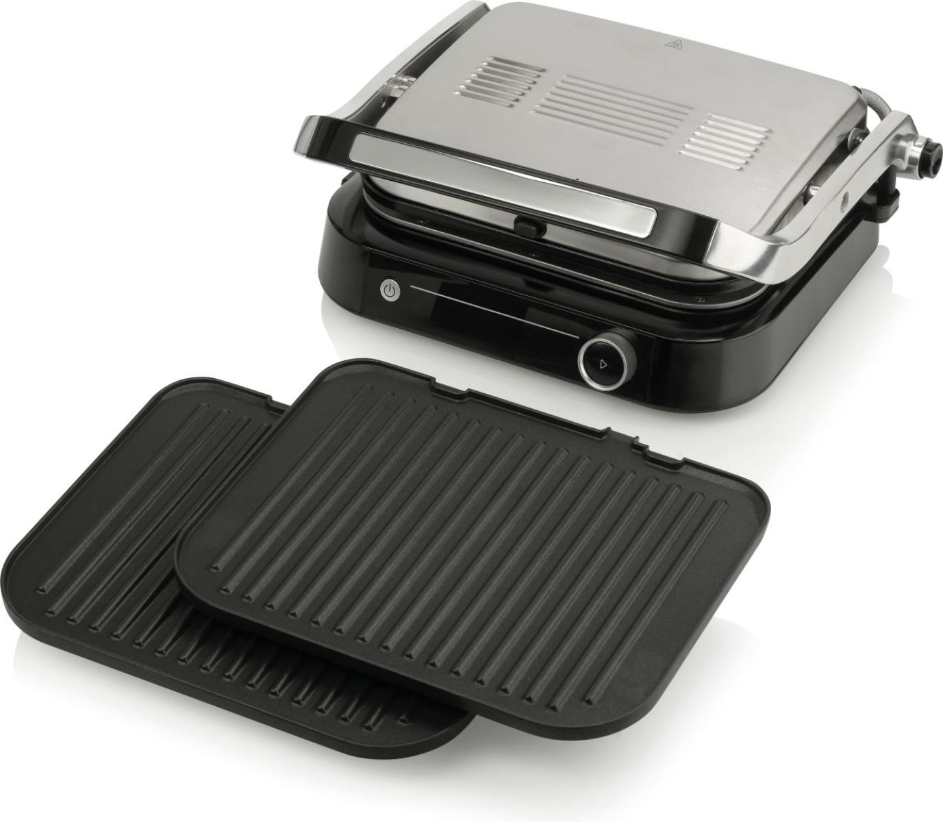 Czarno-srebrny grill z dwiema czarnymi płytami do grillowania na białym tle.
