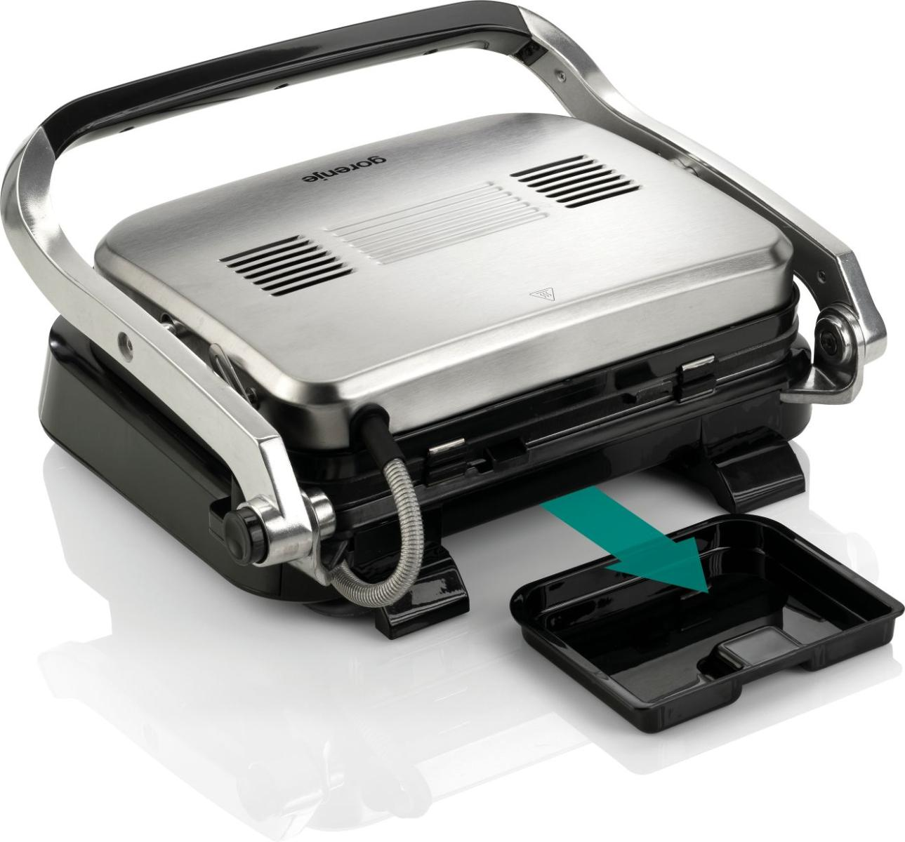 Srebrna prasa panini z czarną podstawą, widoczna otwarta tacka, białe tło.