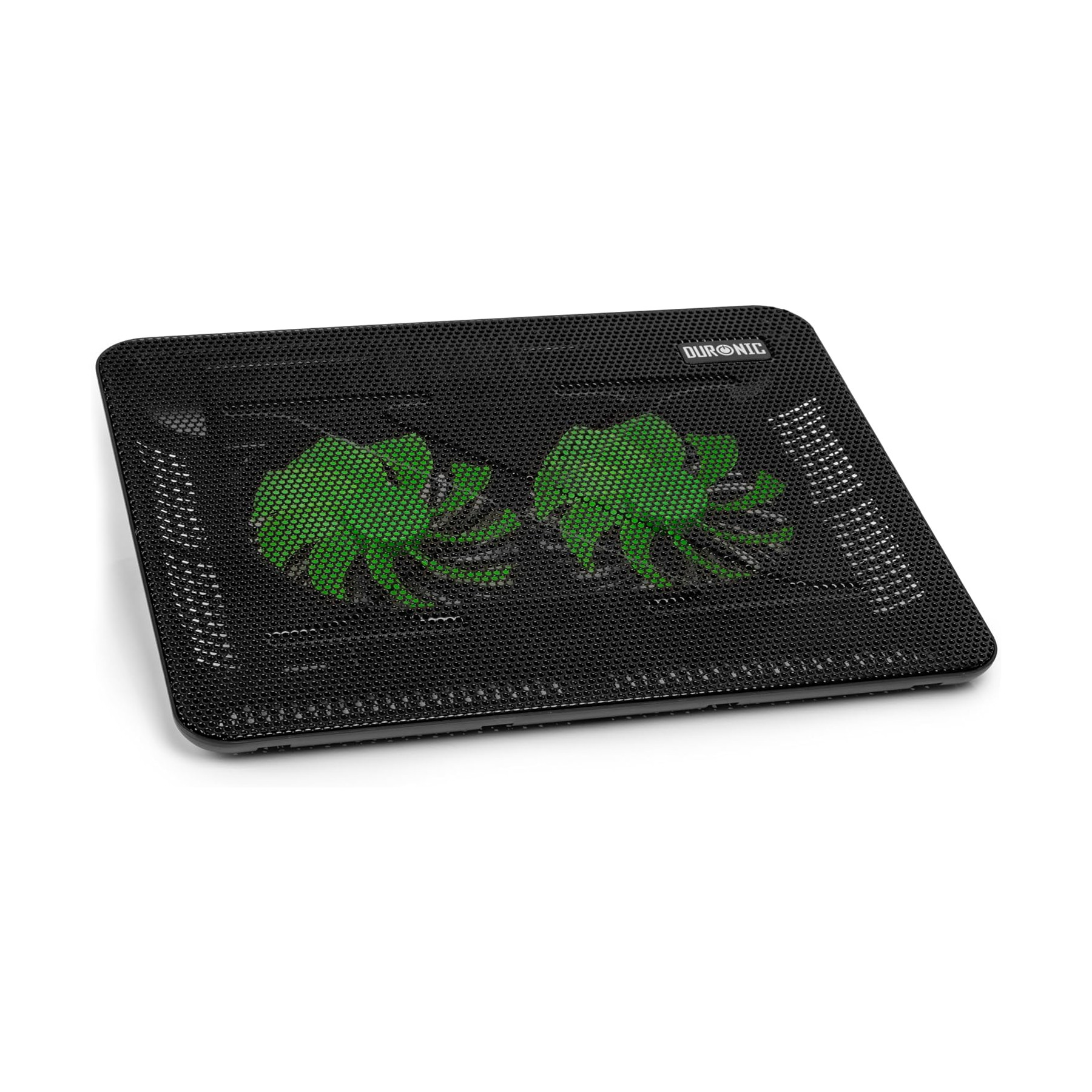 Schwarzer Laptop-Kühler mit zwei grünen Lüftern, mit einer Mesh-Oberfläche.
