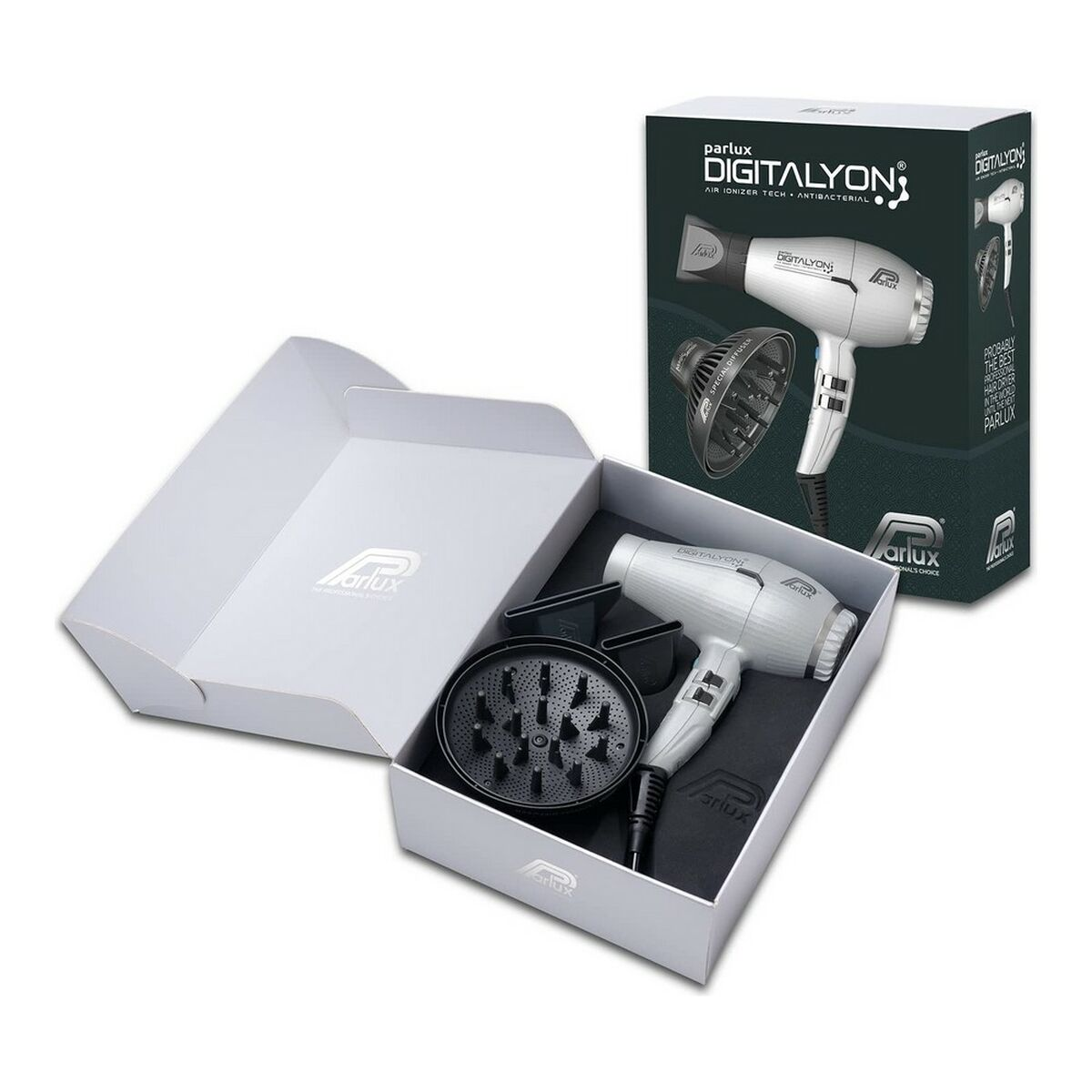 Asciugacapelli bianco, scatola aperta con accessori. Set completo con diffusore.