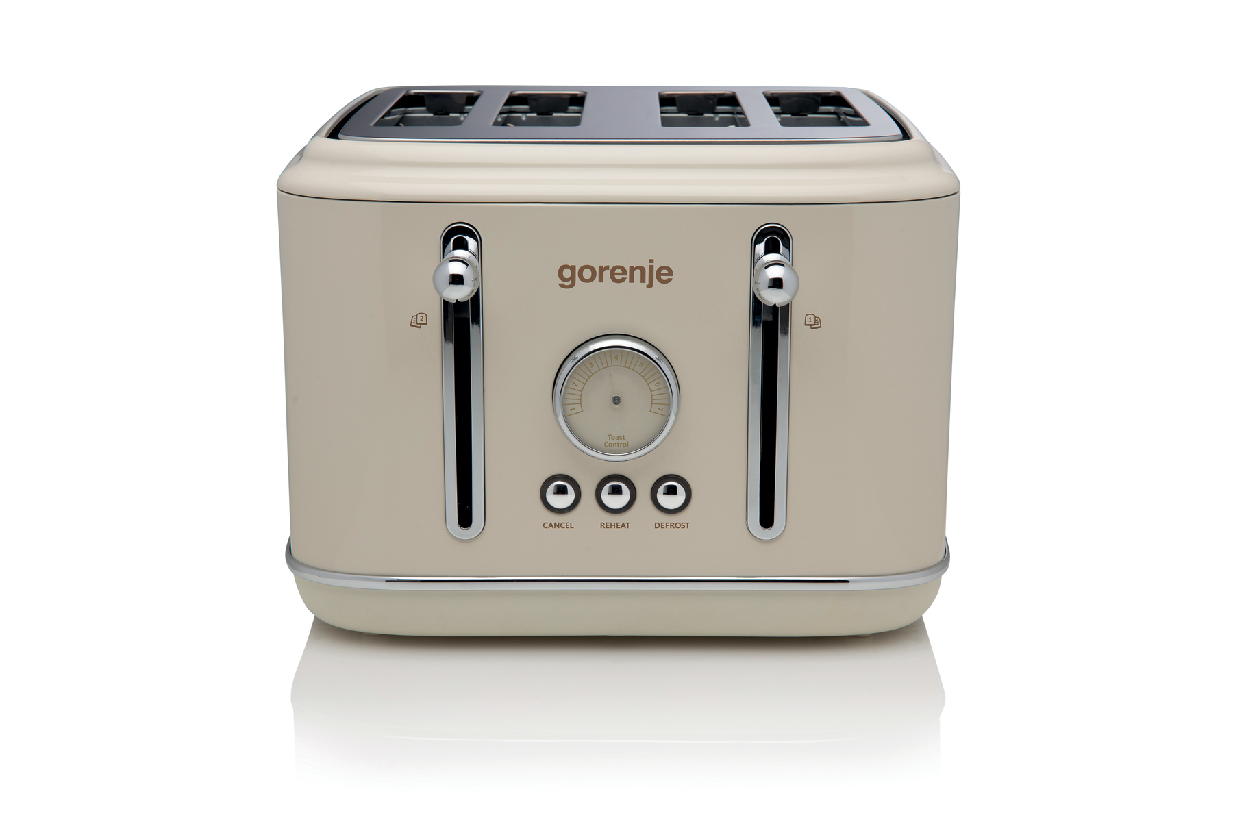 Tostapane beige con finiture cromate. Ha un quadrante e pulsanti. Il marchio 'gorenje' è visibile.