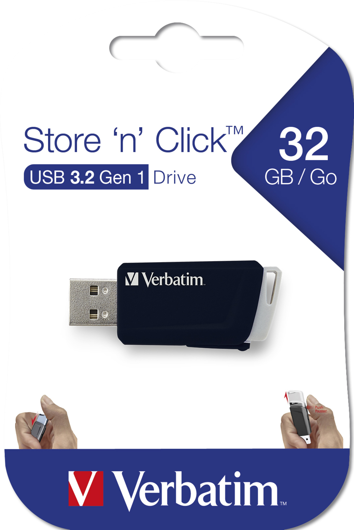 Dysk USB w opakowaniu przedstawia produkt i jego cechy na białym tle.