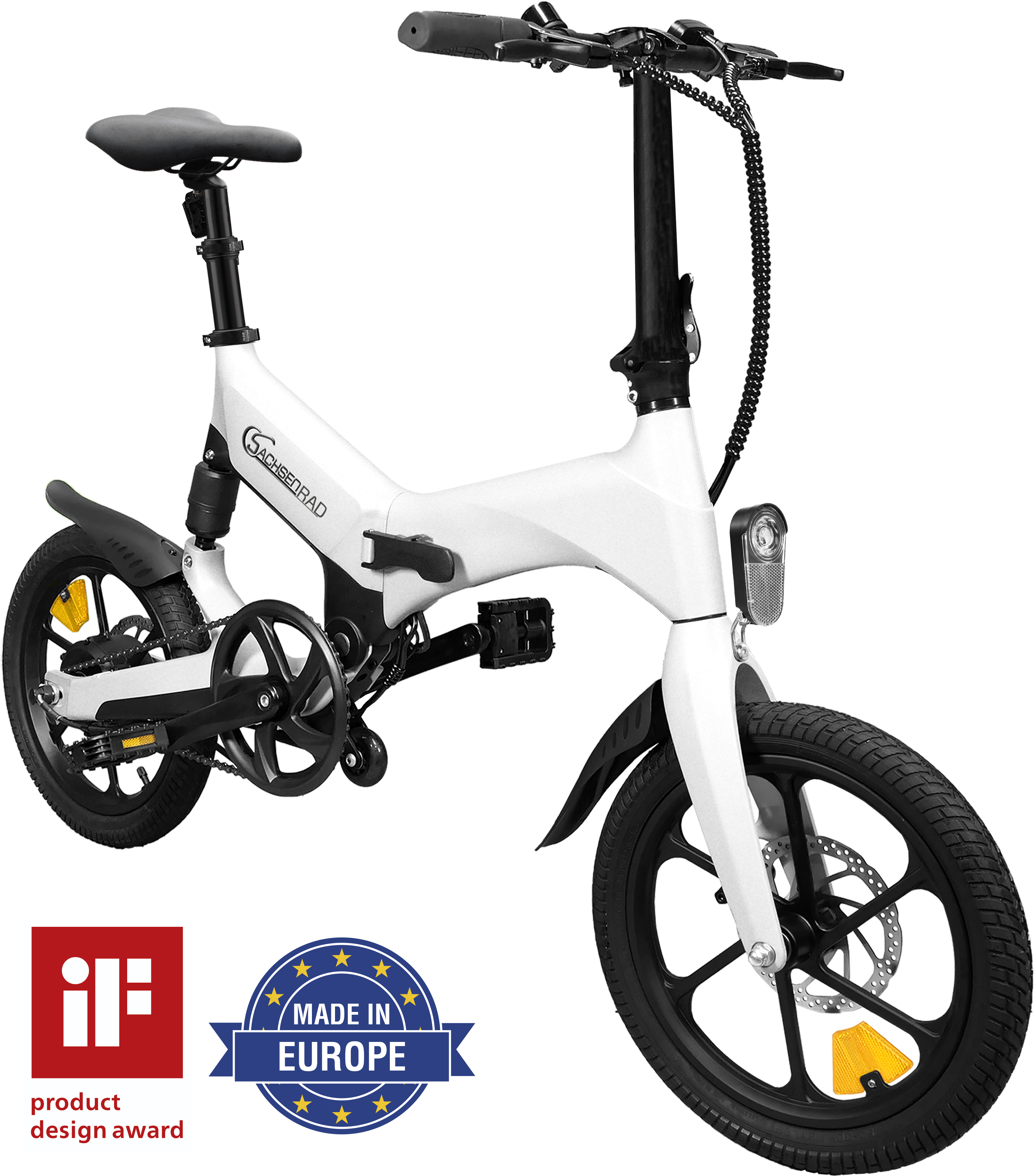 Weißes und schwarzes Elektrofahrrad mit Designauszeichnungen und einem Aufkleber "Made in Europe".