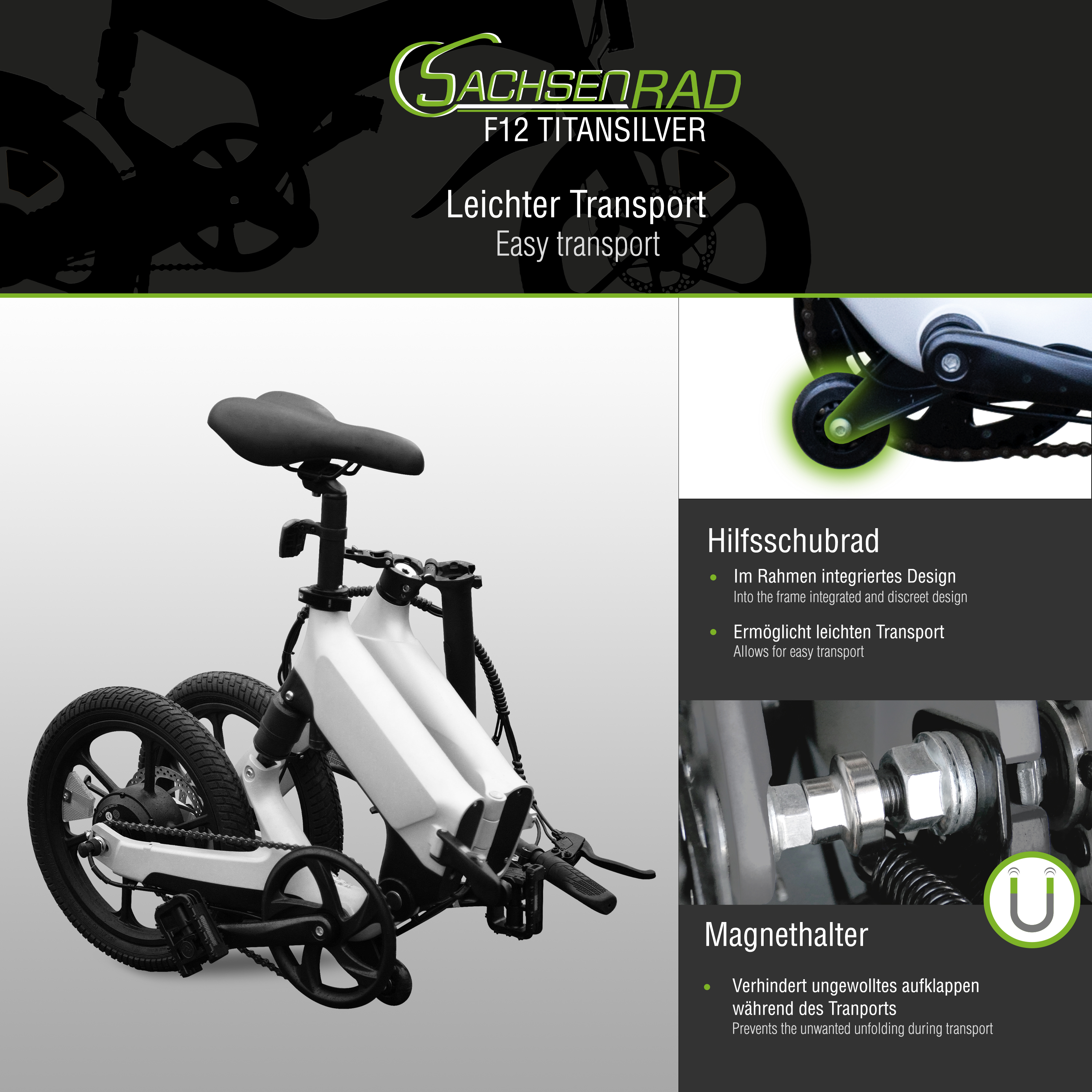 Weißes und schwarzes faltbares Elektrofahrrad mit unterstützendem Text.