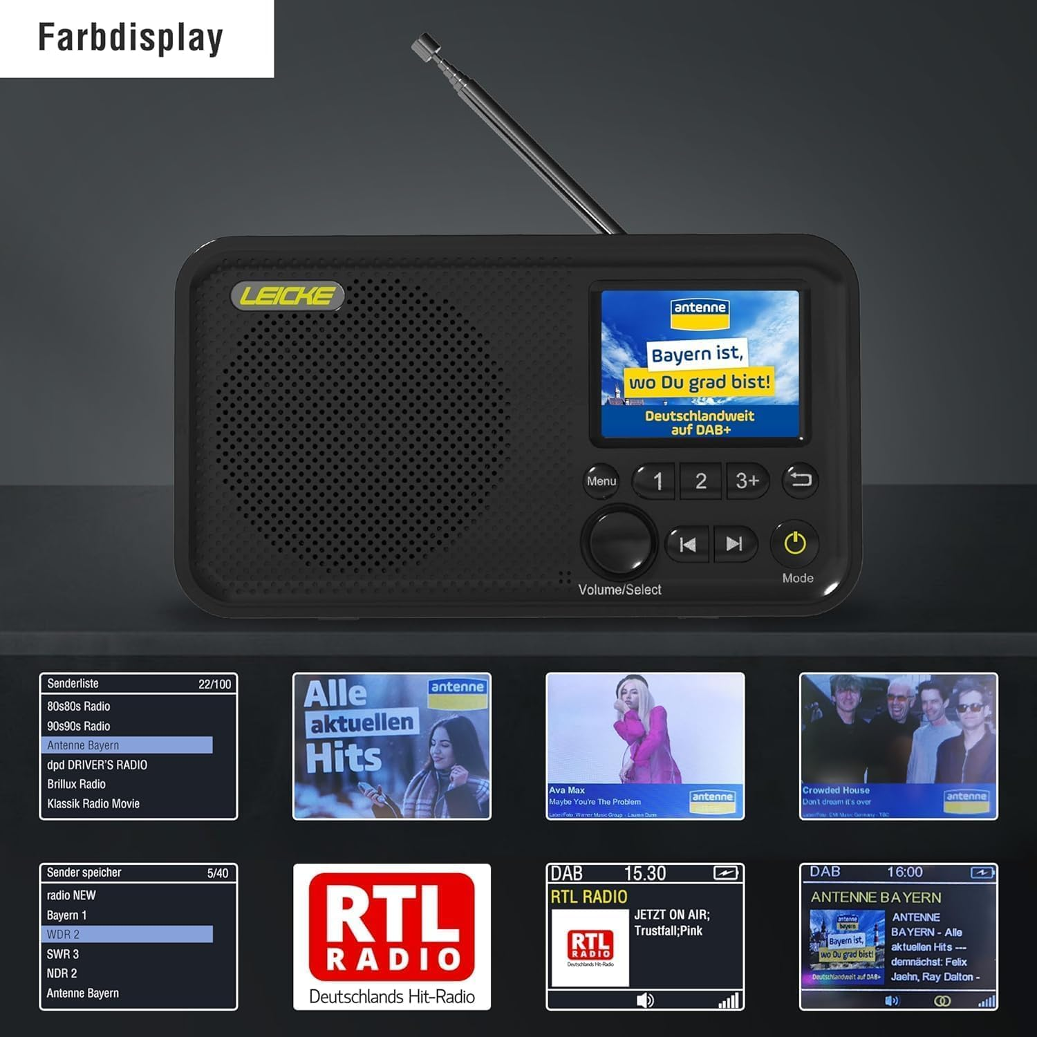 Schwarzes Digitalradio mit Bildschirm, der Text anzeigt. Enthält verschiedene Radiosender-Symbole und Tasten.