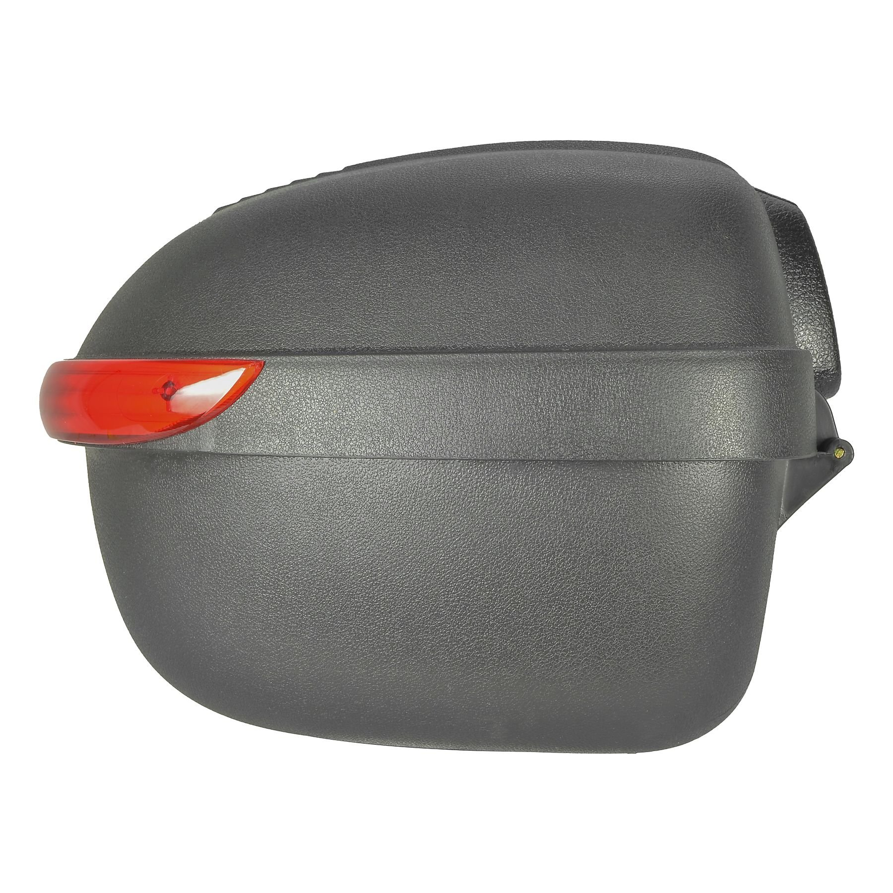 Schwarzes Motorrad-Topcase mit rotem Reflektor. Weißer Hintergrund.