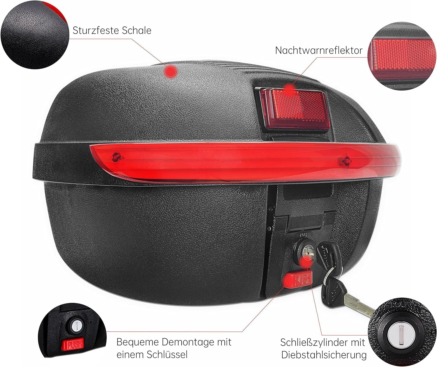 Ein schwarzer Motorrad-Topcase mit rotem Reflektor, Schlüssel und Beschriftungen.