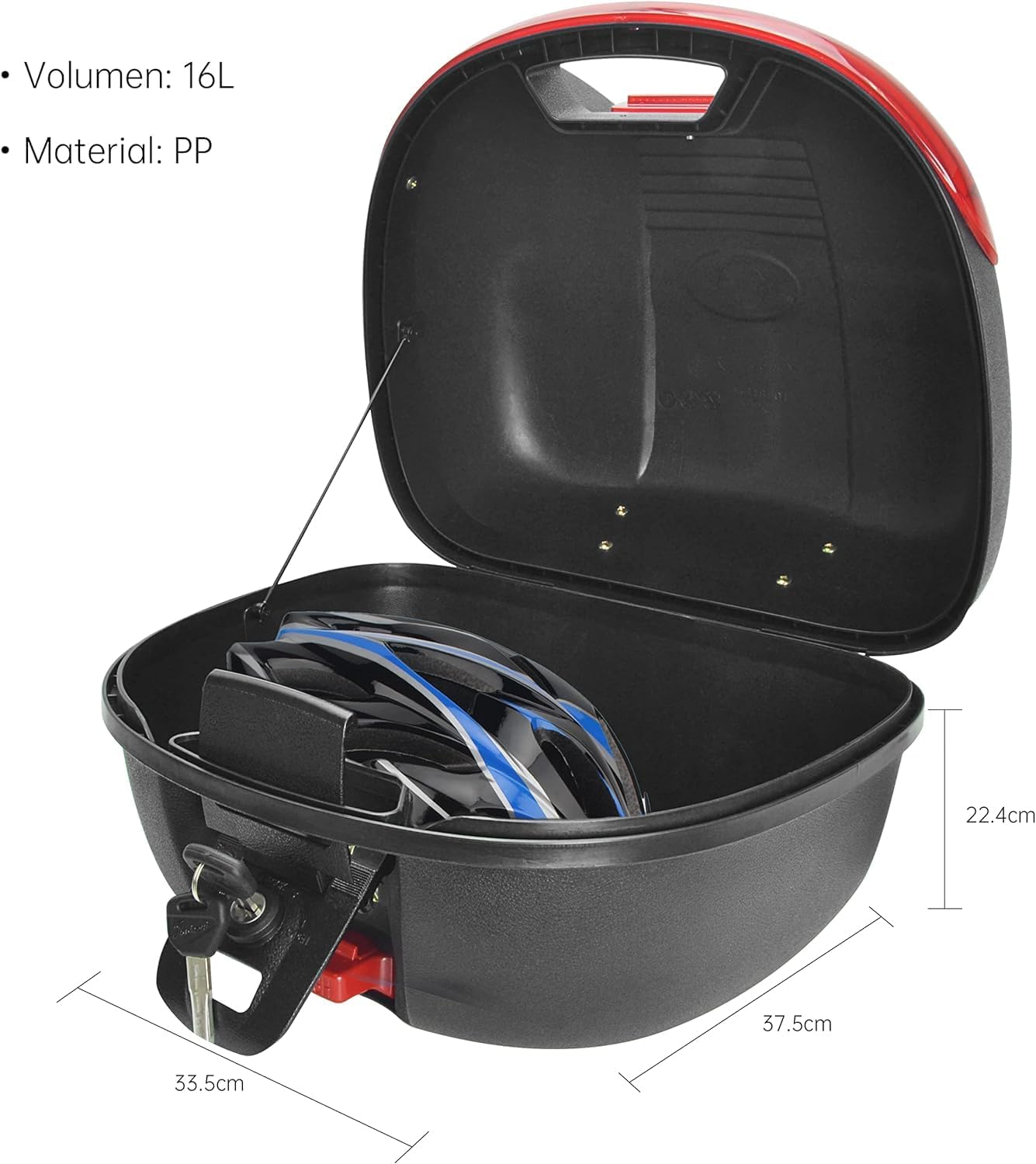 Ein schwarzer Motorrad-Topcase mit rotem Rand, geöffnet, um einen Helm im Inneren zu zeigen.