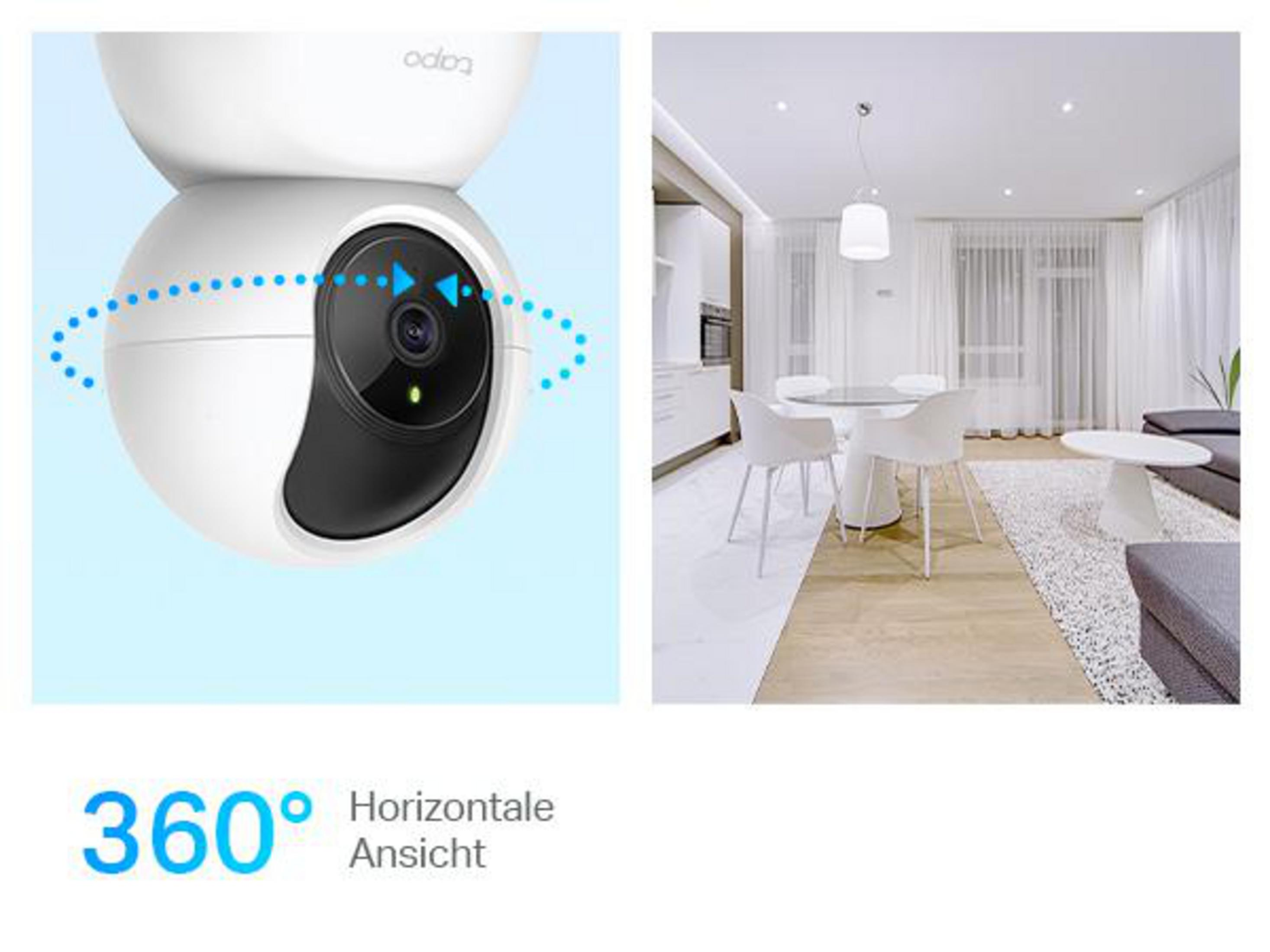 Biała inteligentna kamera monitoruje pokój. Jest widok 360° i pokój ze stołem.