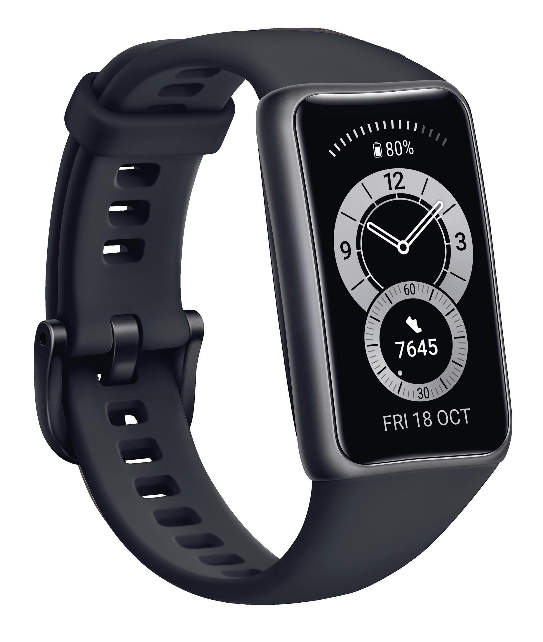 Czarny tracker fitness z ciemnym ekranem wyświetlającym czas, kroki i żywotność baterii.