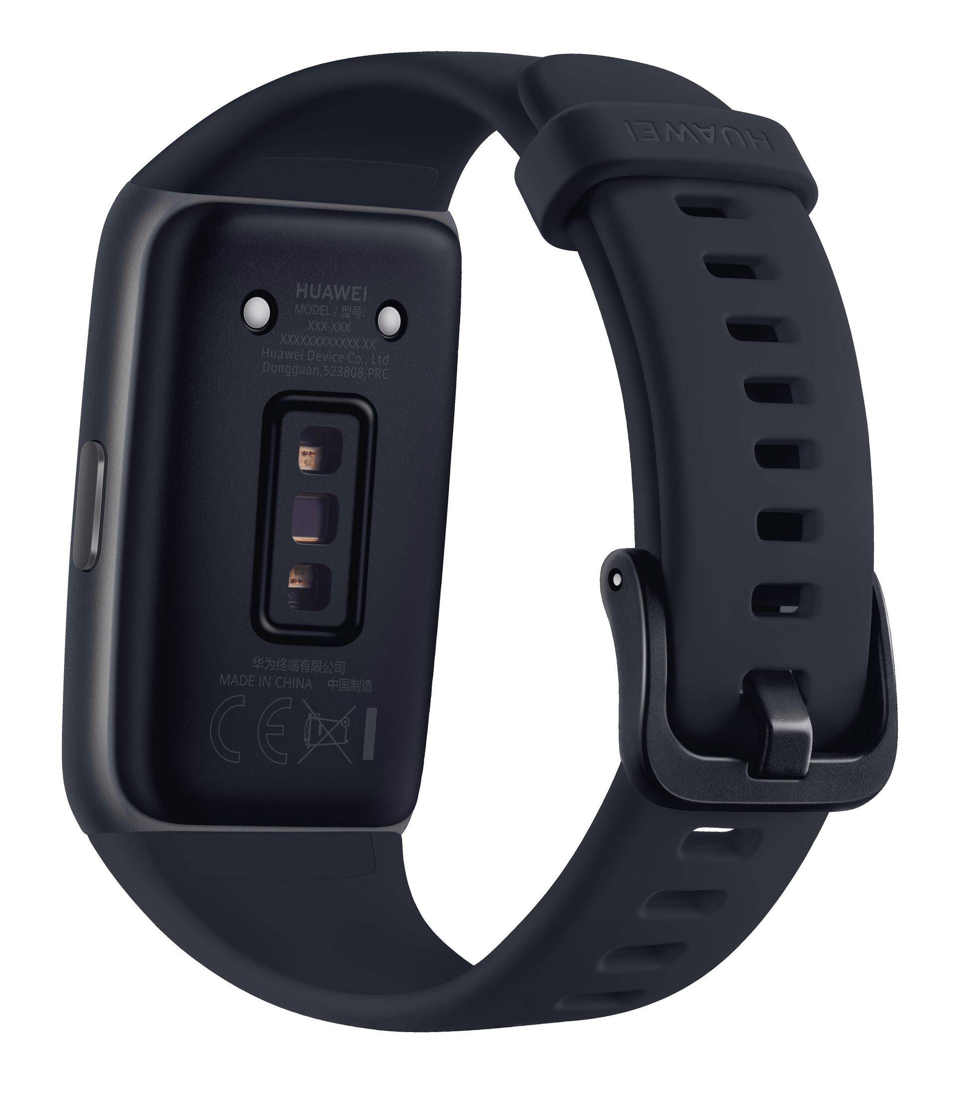 Czarny pasek do smartwatcha Huawei, spodem do góry, pokazujący czujniki i pasek.