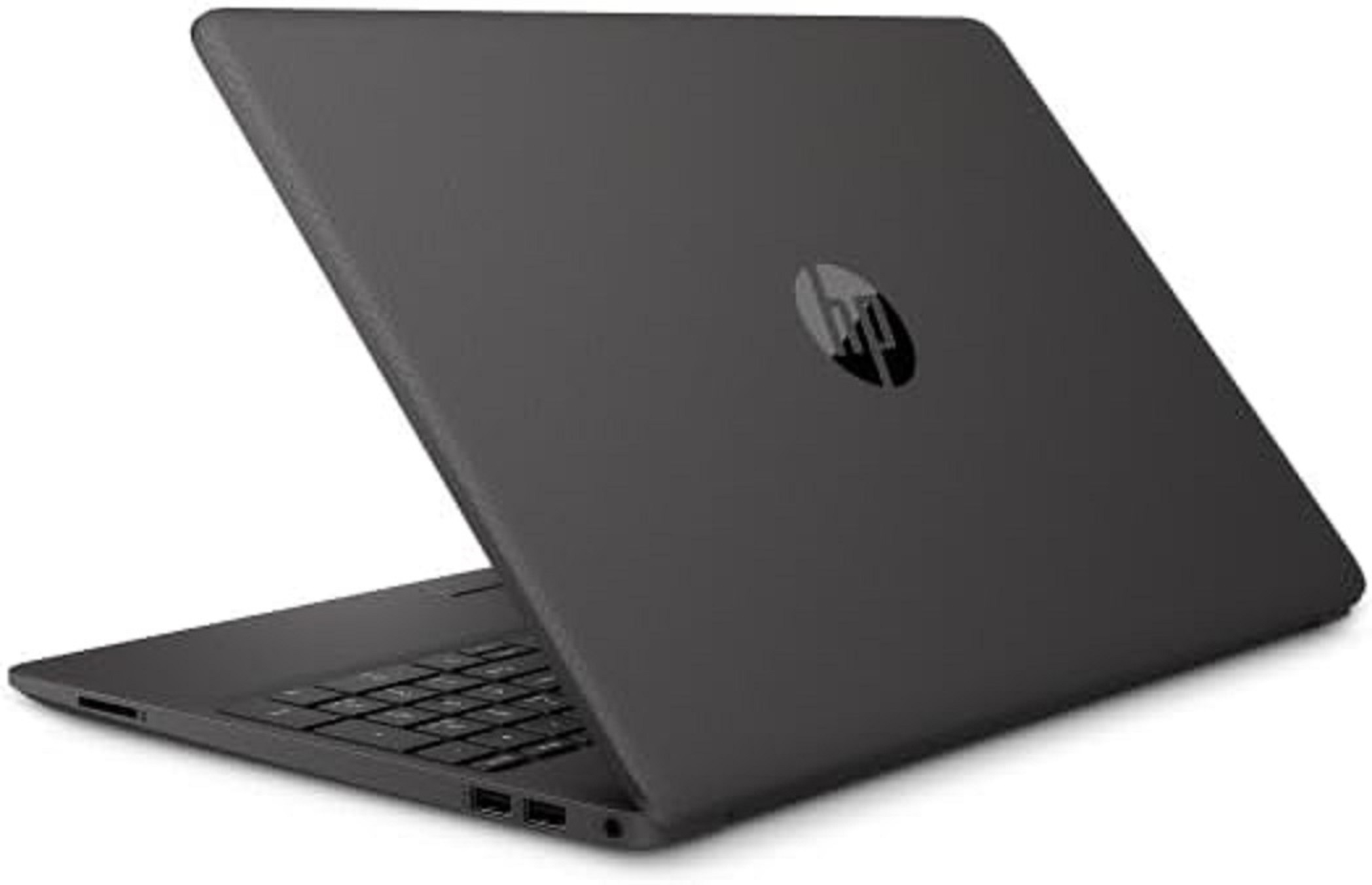 Schwarzer HP-Laptop, in einem Winkel geöffnet. Das HP-Logo ist sichtbar. Weißer Hintergrund.