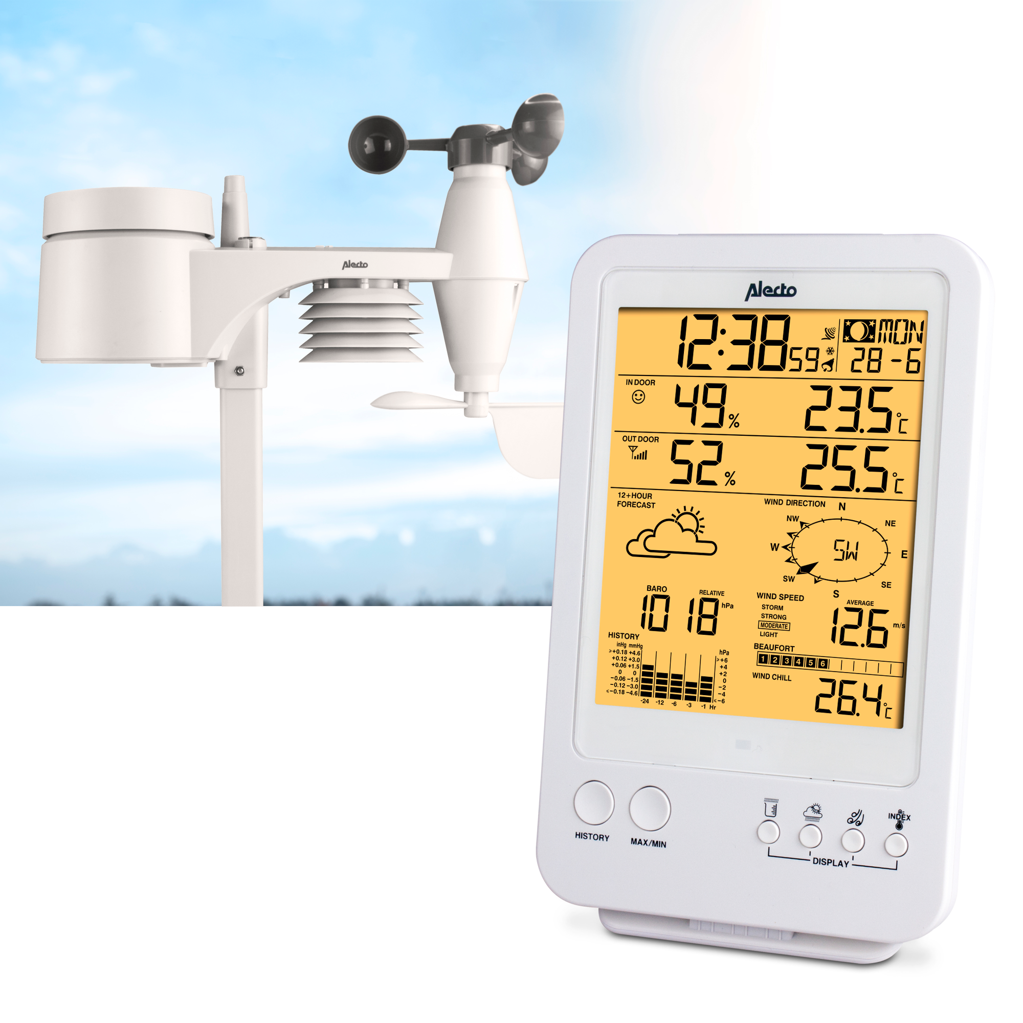 Wit weerstation met display en buitensensor. Hemelachtergrond. Toont weersinfo.