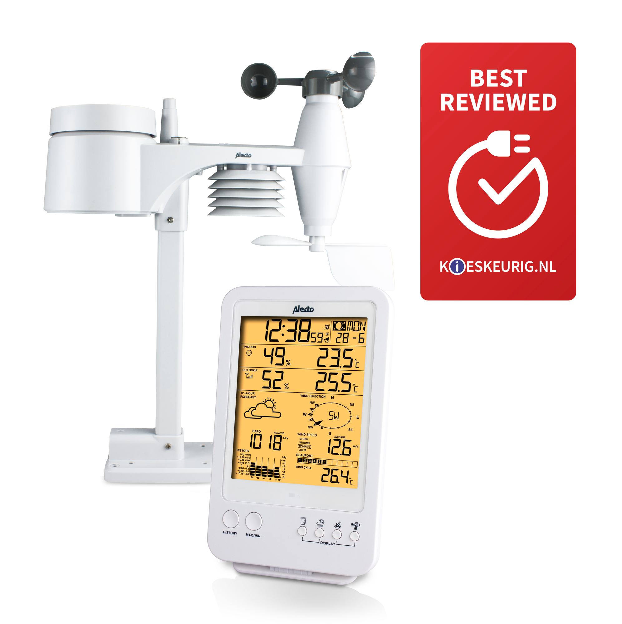 Wit weerstation met display en een rood 'Best Reviewed'-badge.