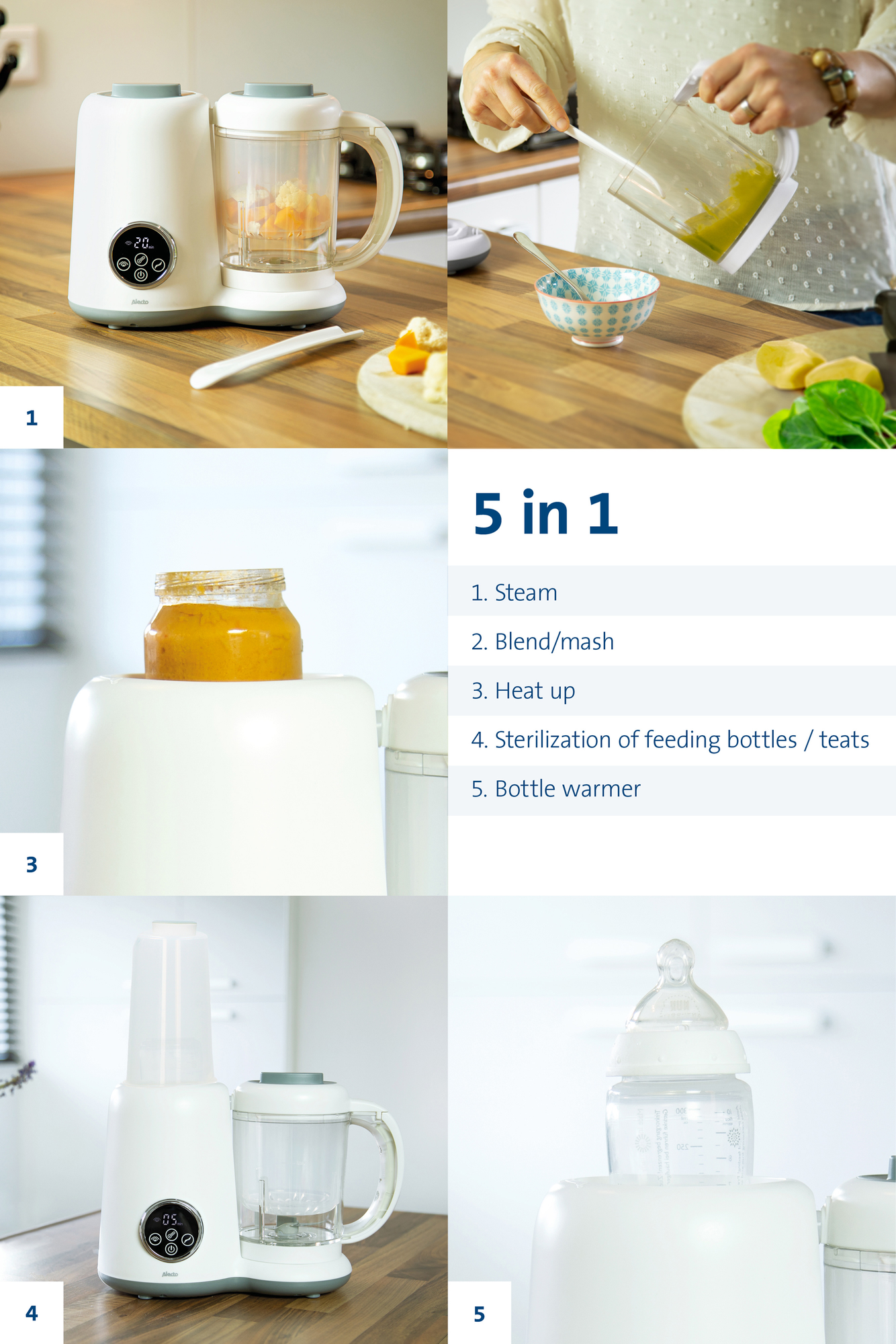 5-in-1 Babykostzubereiter. Dämpfen, Mixen, Erhitzen, Sterilisieren und Wärmen. Weißer Hintergrund.
