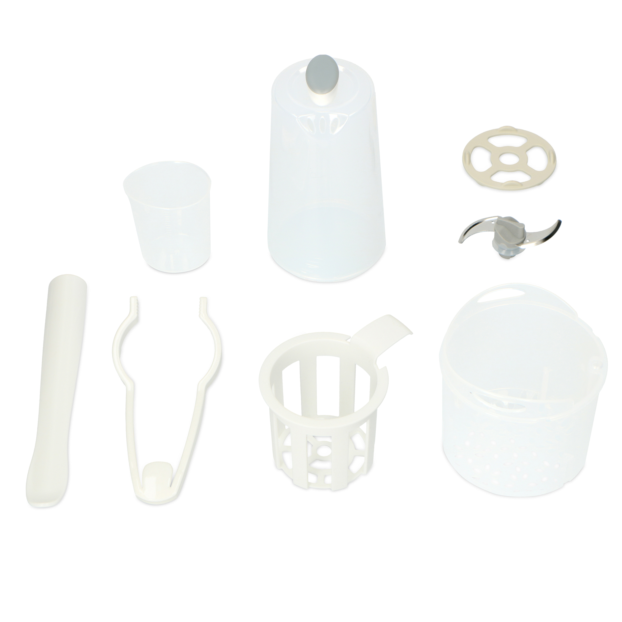 Set aus weißen Babykostzubereitungsartikeln aus Kunststoff. Enthält Becher, Mixer-Teile und anderes Zubehör.