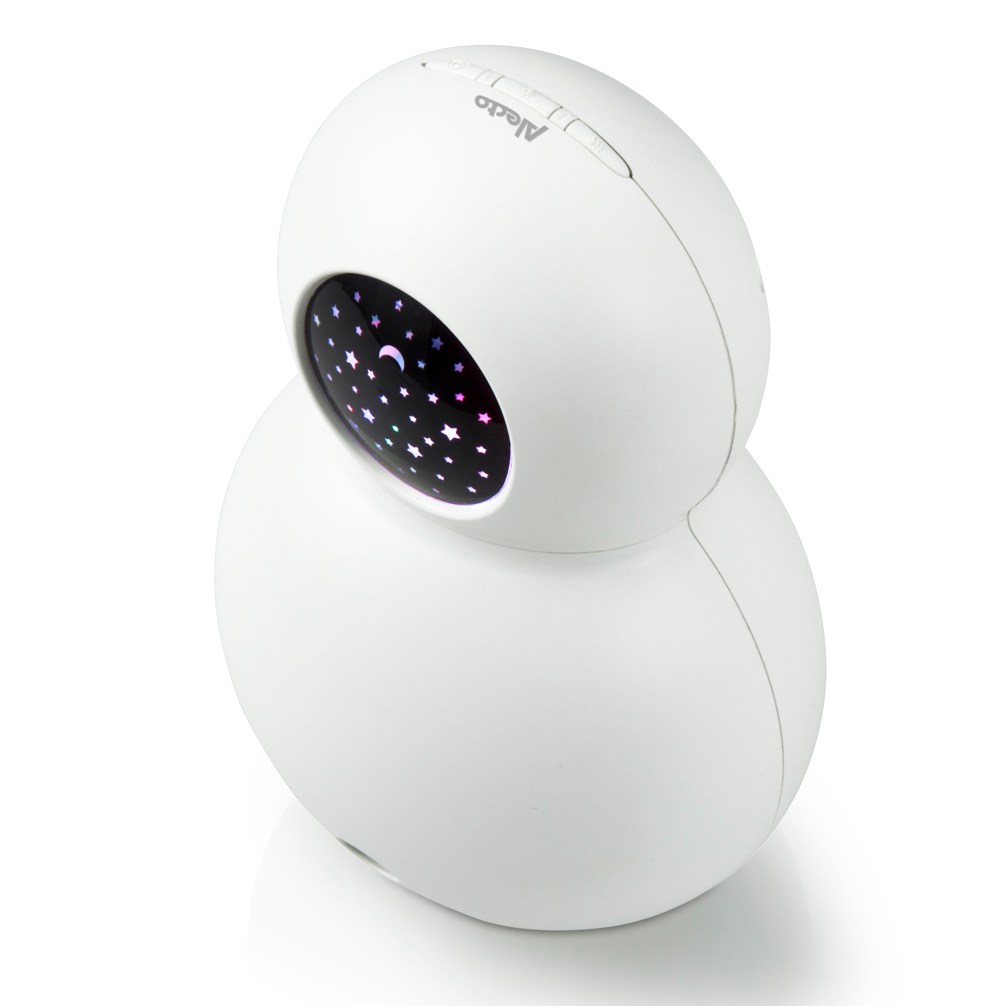 Baby monitor bianco con proiezione di stelle. Design rotondo, angolo inclinato. Isolato su sfondo bianco.