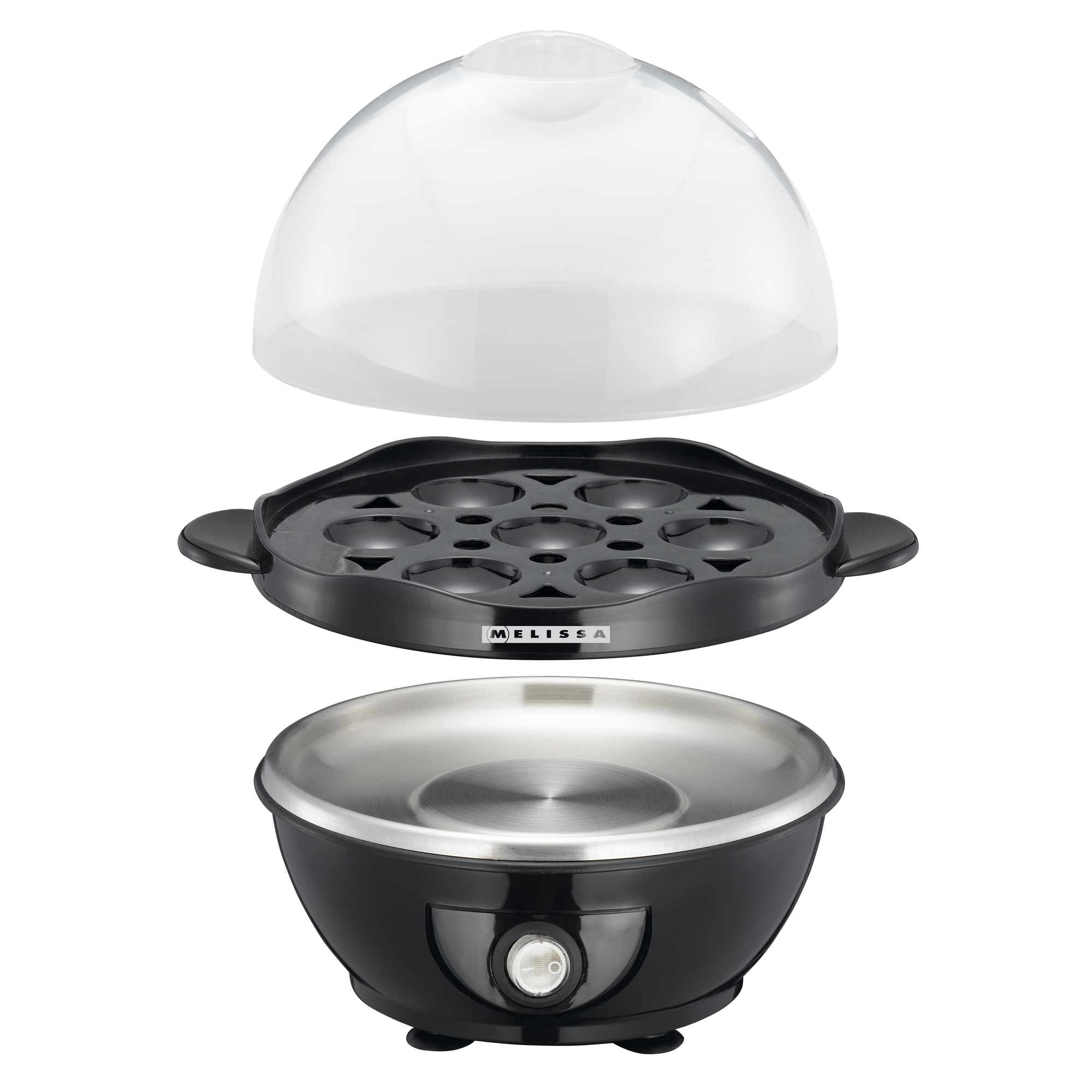 Urządzenie do gotowania jajek z przezroczystą pokrywą, czarną podstawą i stalowymi detalami. Części są zdemontowane.