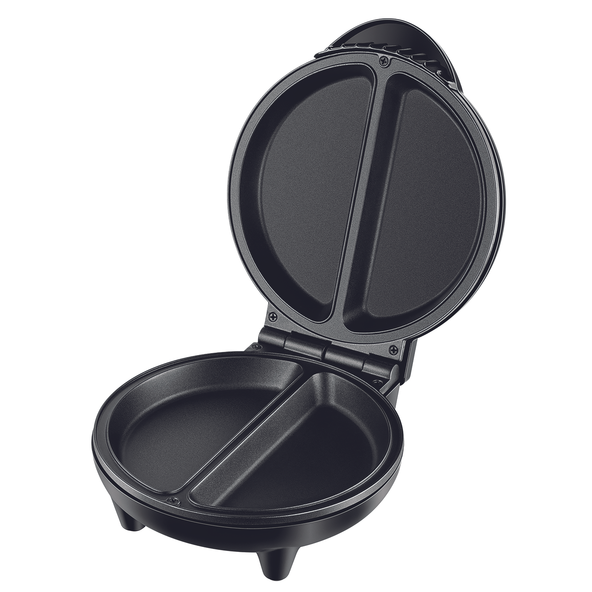 Czarny, otwarty, dwuczęściowy garnek do gotowania jajek. Jest otwarty, pokazując powierzchnie do gotowania. Białe tło.