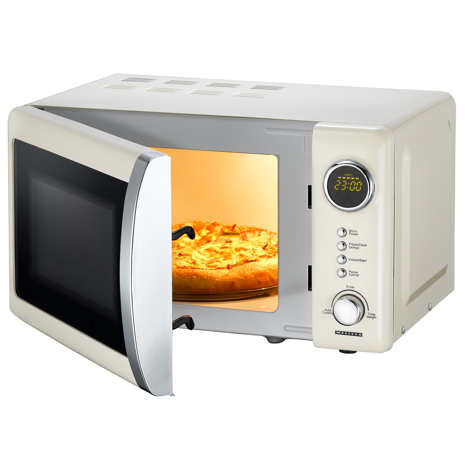 Un forno a microonde con la porta aperta, che rivela una pizza all'interno. Il forno è beige e ha un display digitale.
