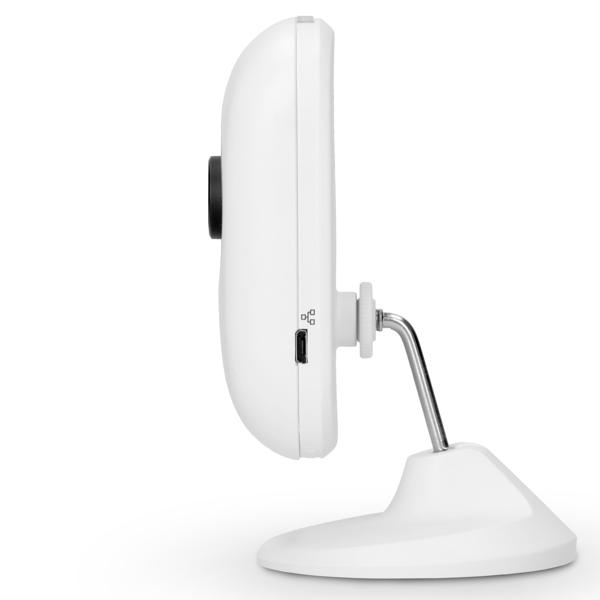 Weißer Babyphone, Seitenansicht. Es steht auf einem weißen Ständer. Schwarze Kameralinse.