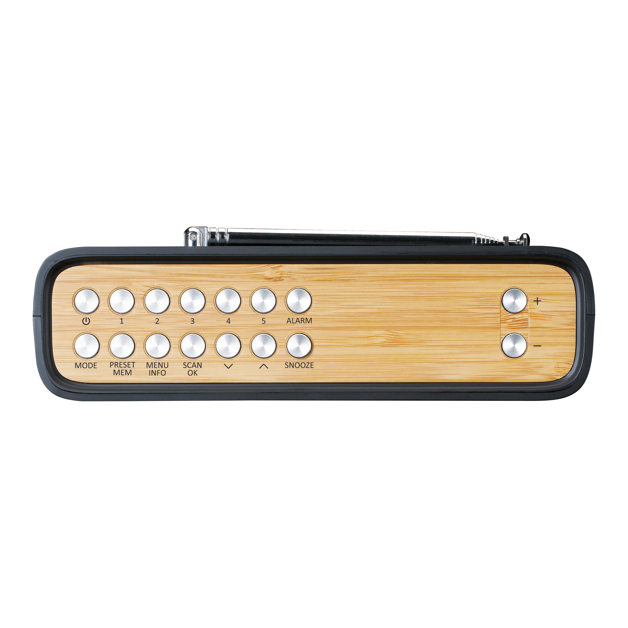 Radio w stylu retro z drewnianym przodem i czarną obudową. Posiada przyciski do ustawień i strojenia.