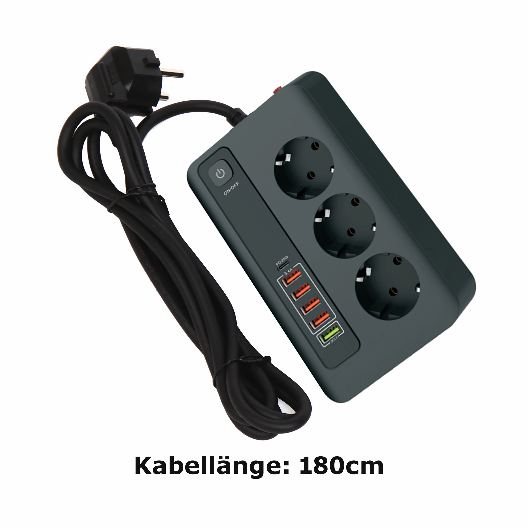 Eine schwarze Steckdosenleiste mit mehreren Steckdosen, einem schwarzen Kabel und Ladeanschlüssen.