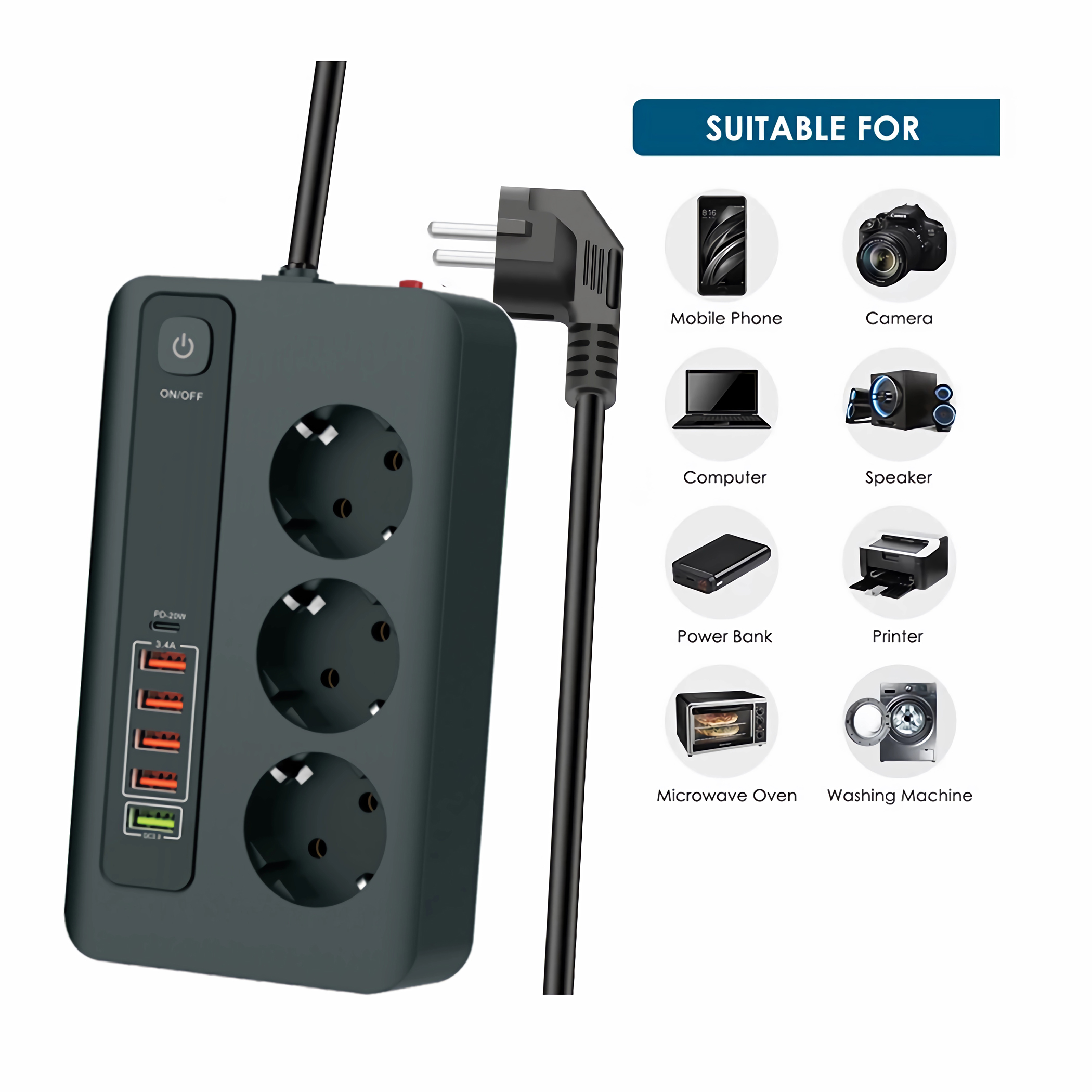 Eine schwarze Steckdosenleiste mit mehreren Steckdosen und Stecker, mit Symbolen.