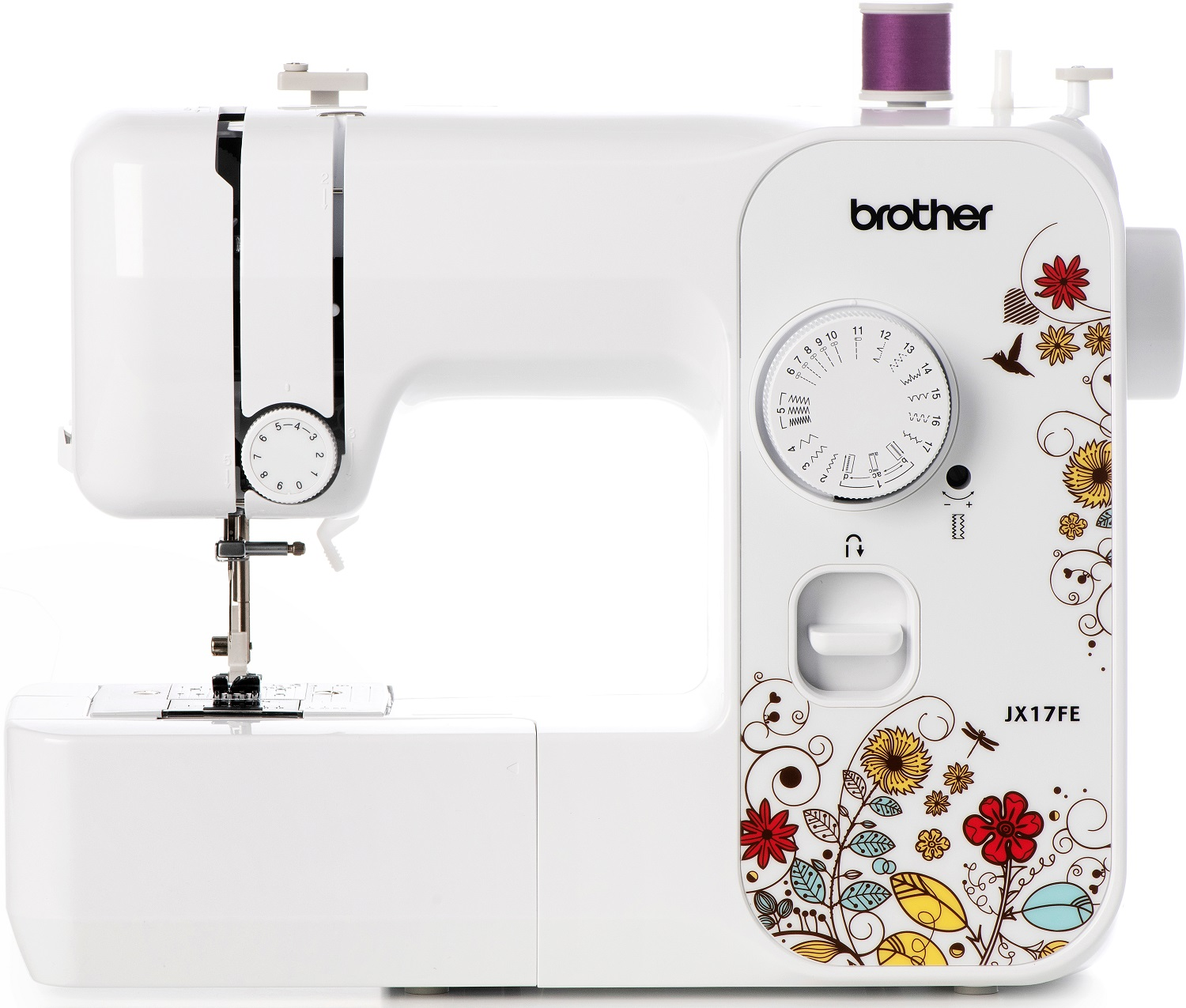 Eine weiße Nähmaschine mit floralem Design und einer lila Garnrolle.