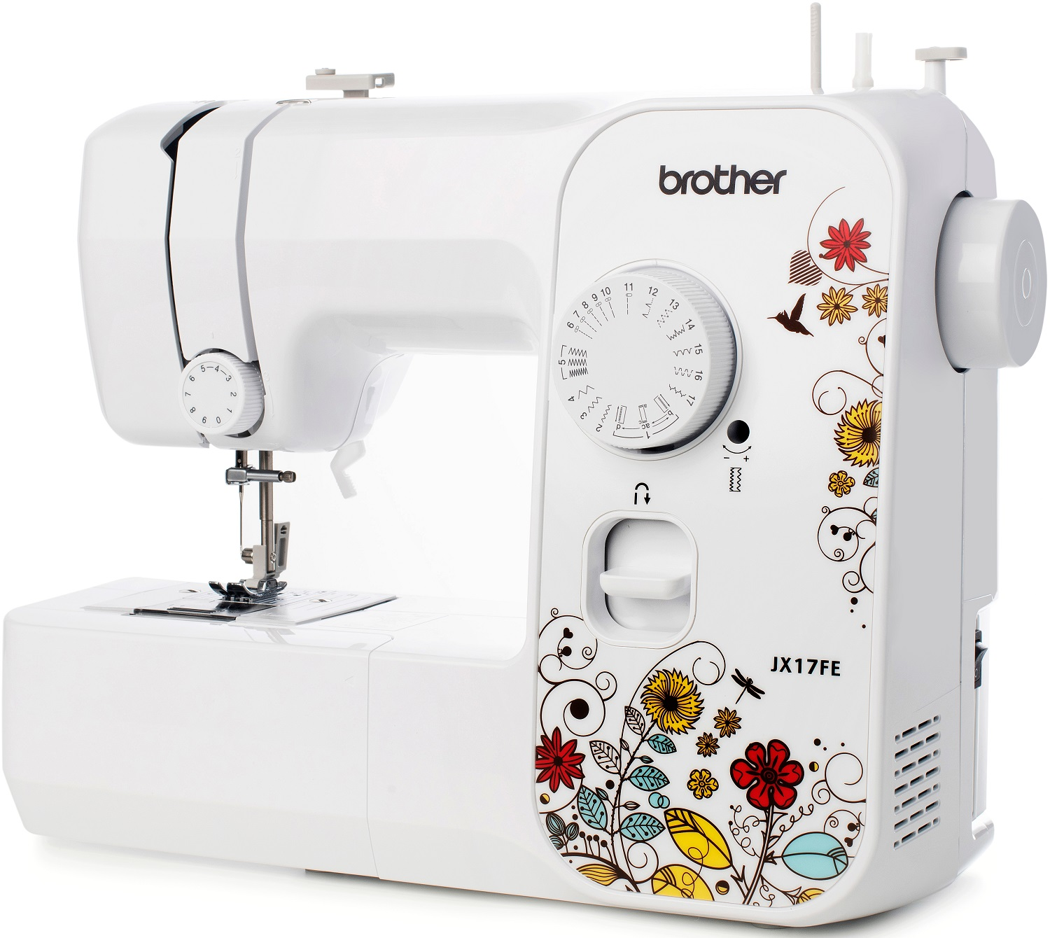 Weiße Brother-Nähmaschine mit Blumendesign, Knöpfen und einer Nadel.