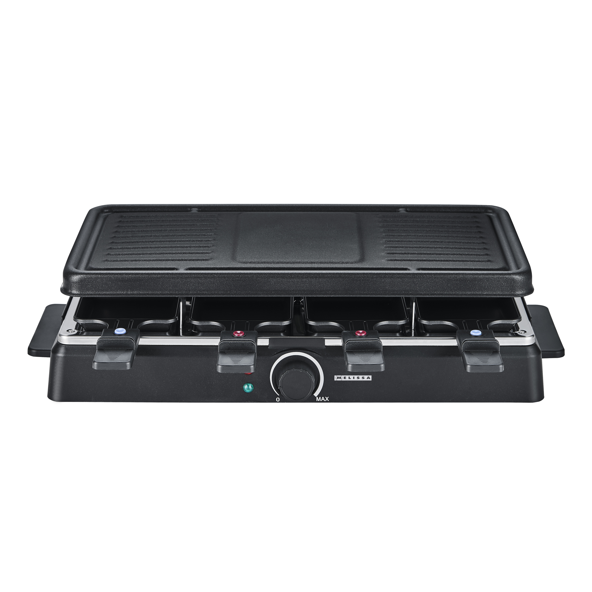 Schwarzer Raclette-Grill mit schwarzer Grillplatte und einzelnen Pfännchen darunter.