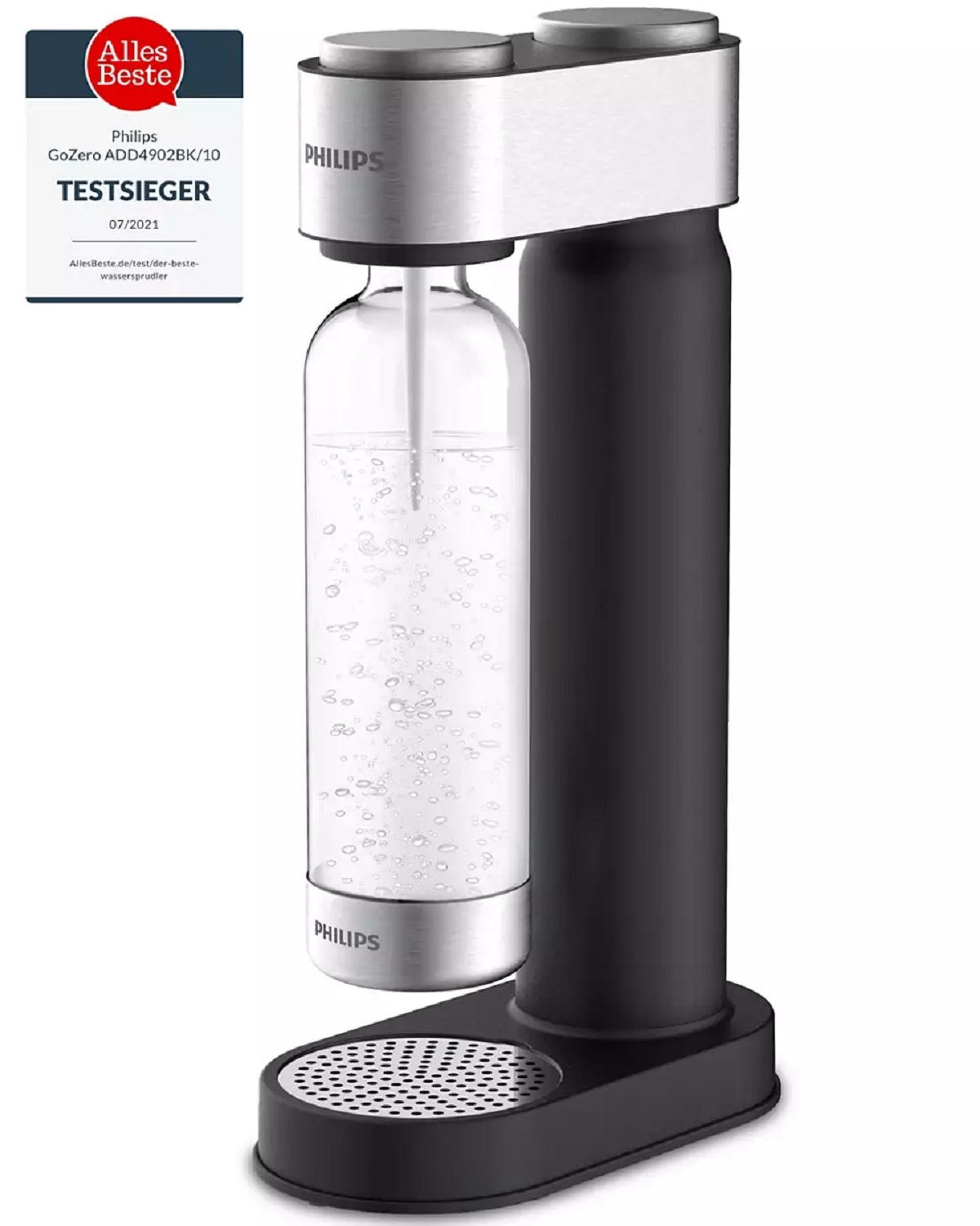 Ein silberner und schwarzer Philips SodaStreamer mit Wasserflasche, neben einem Testsieger-Label.