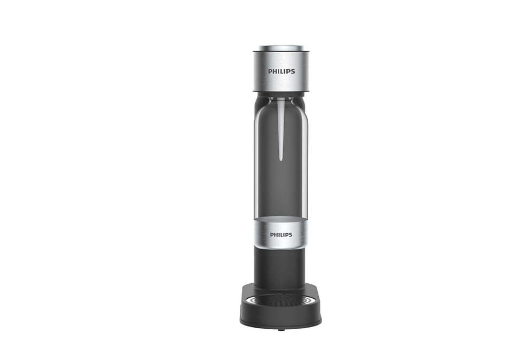 Philips SodaStream. Silberner Deckel und Boden, klare Flasche in der Mitte, schwarze Basis, weißer Hintergrund.